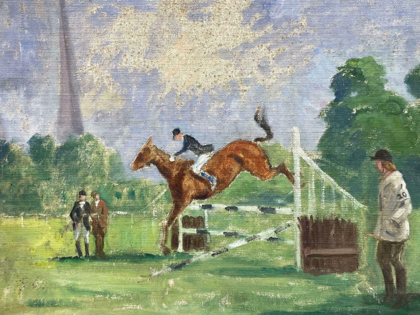 1950's English Schoolenglish Mid Century Oil The Horse Show Jumping Event Gymkhana With Judges