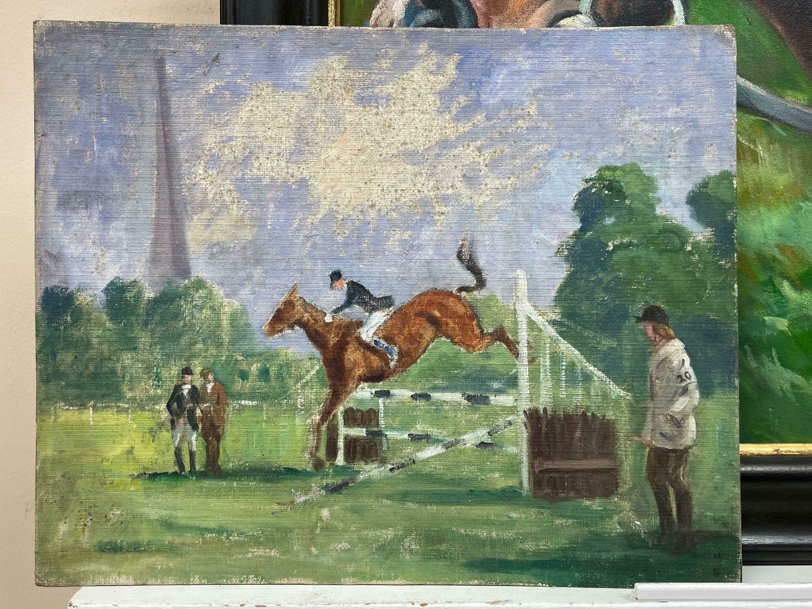 1950's English Schoolenglish Mid Century Oil The Horse Show Jumping Event Gymkhana With Judges photo furniture