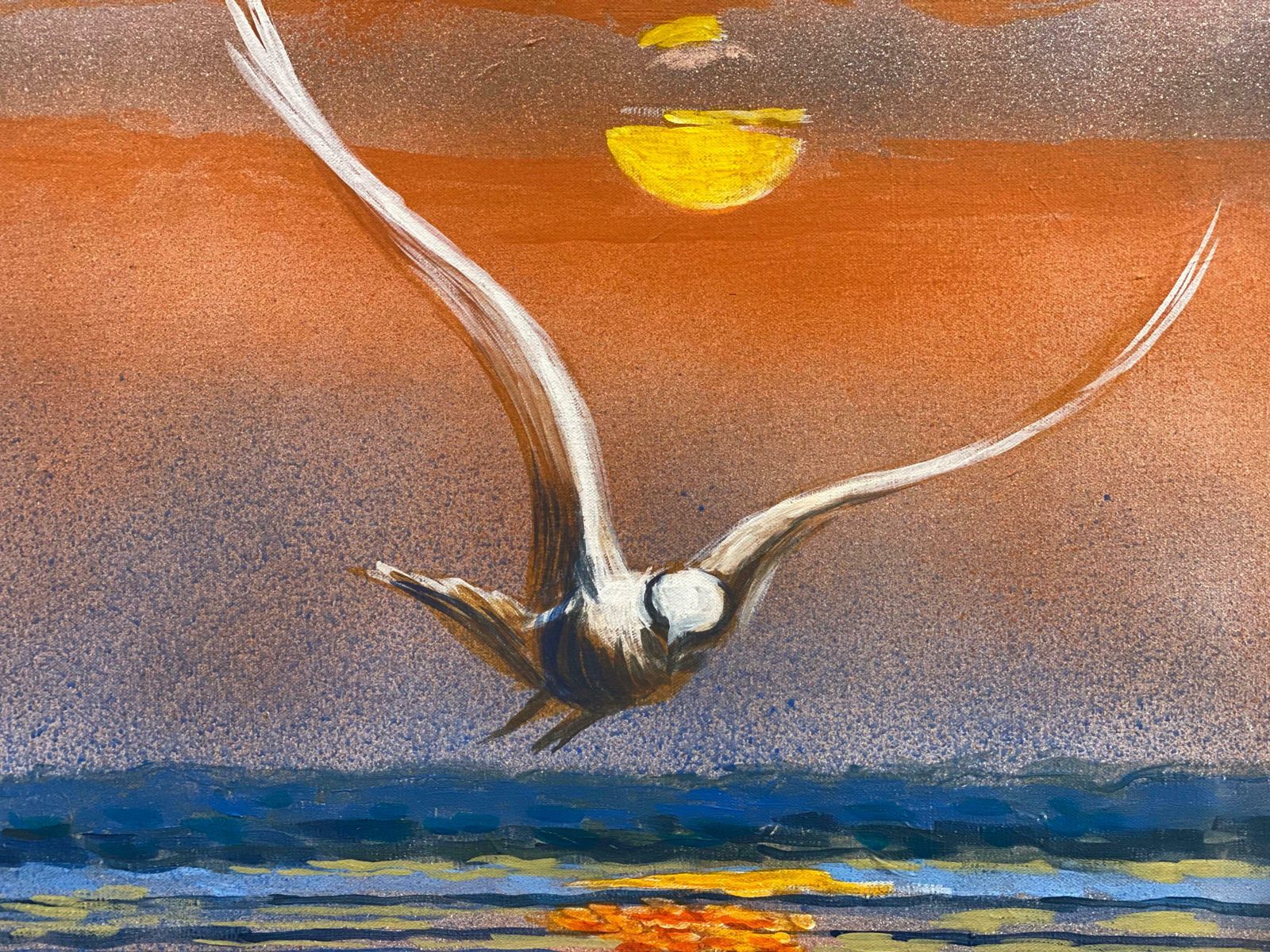 French Contemporaryseagull In Flight Sunset Seascape, Signed Large Oil Painting photo furniture