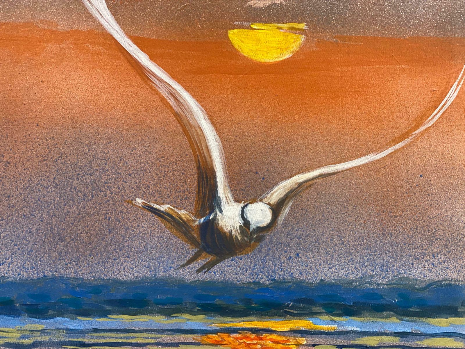French Contemporaryseagull In Flight Sunset Seascape, Signed Large Oil Painting photo vinterior