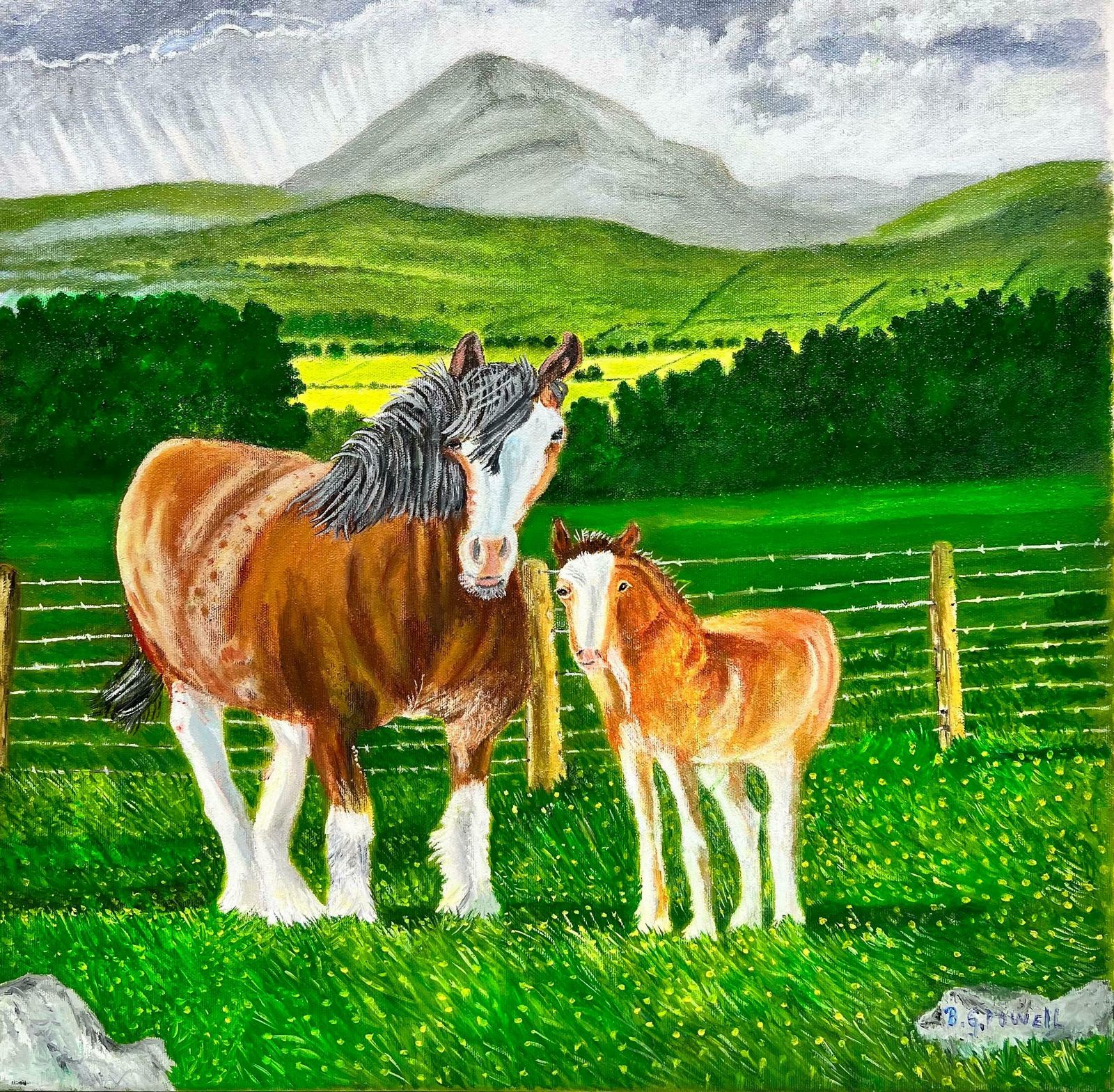 Ben Powellhorse & Foal In Mountain Landscape Contemporary British Painting