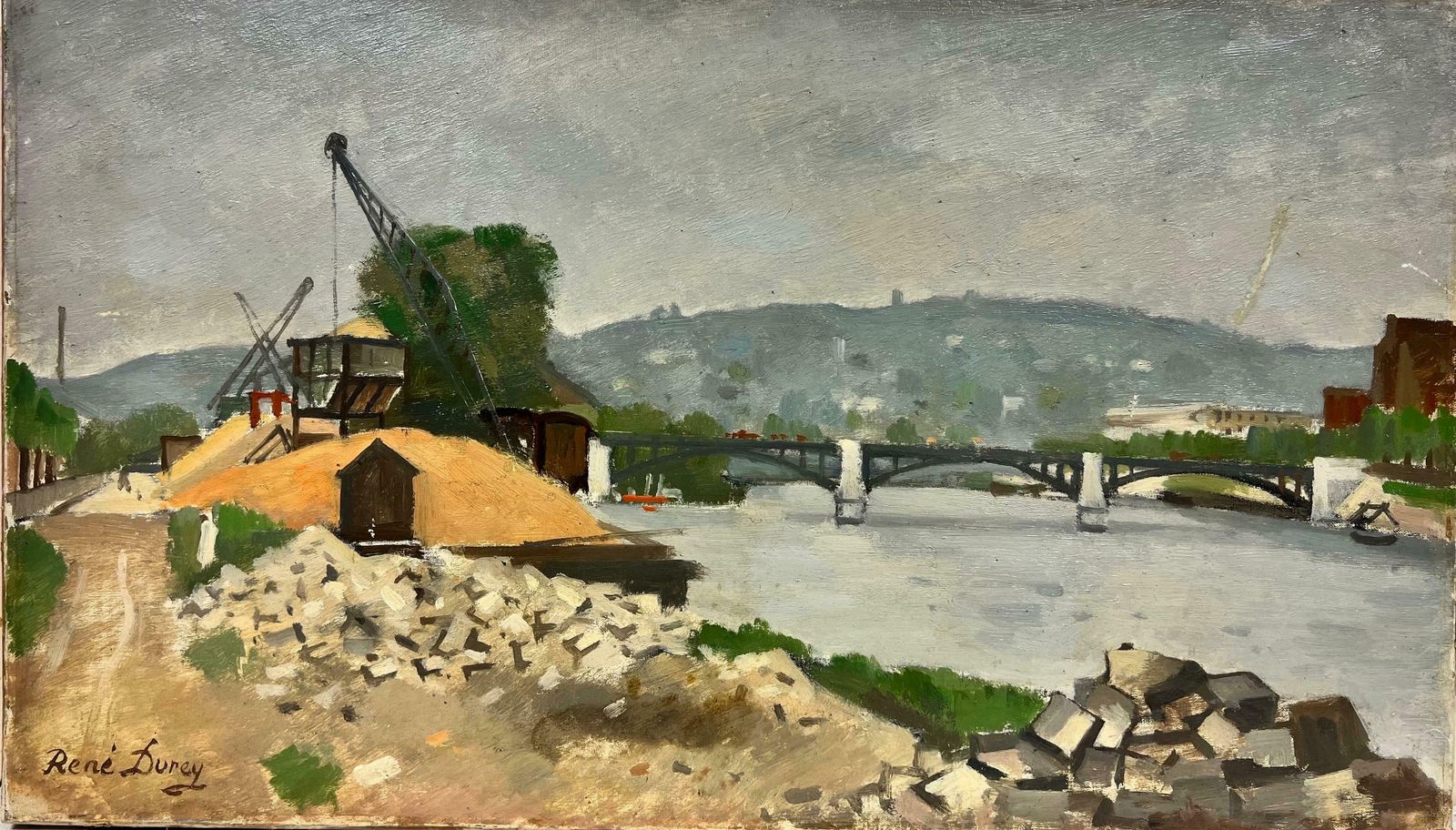 Rene Dureyearly 20th Century French Impressionist Signed Oil Industrial River Landscape