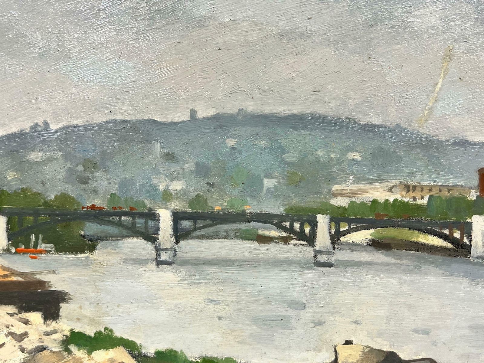 Rene Dureyearly 20th Century French Impressionist Signed Oil Industrial River Landscape photo furniture