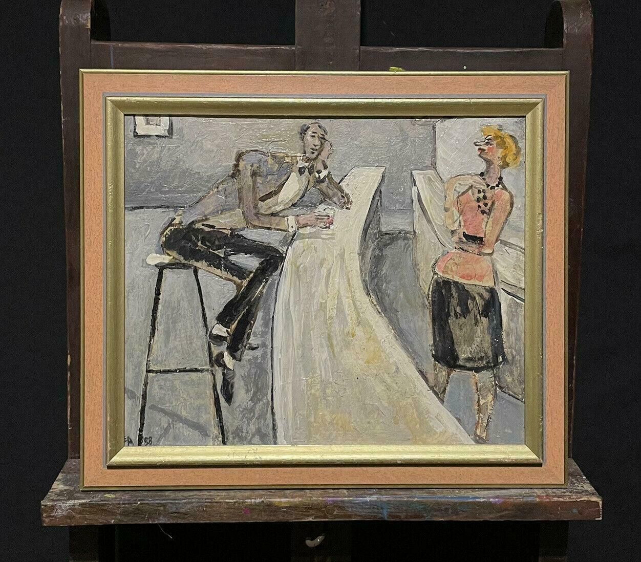 Unknownthe Bar Drinker, Signed French Modernist Oil Painting   Man At Bar With Barmaid photo furniture