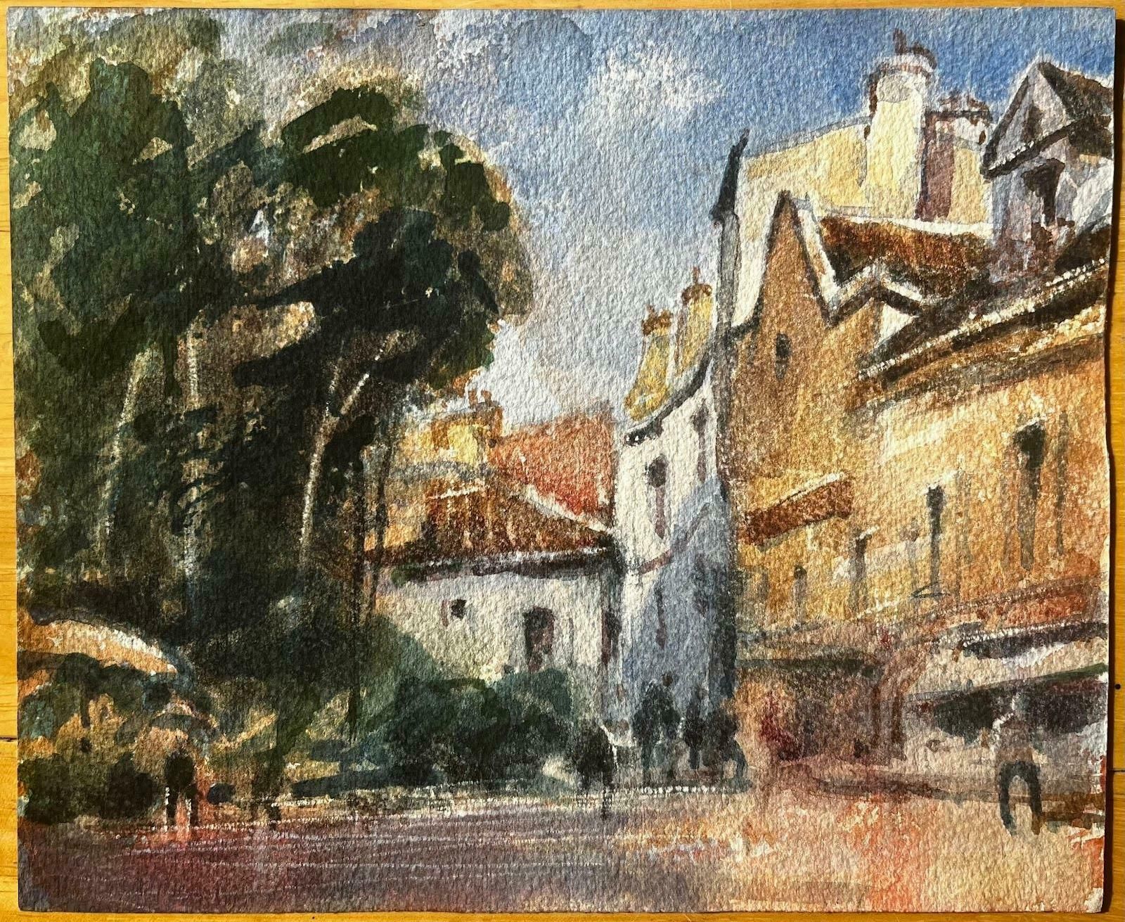 Unknownfrench Impressionist Watercolor Landscape   “Sunny Village Street With Figures"20th Century
