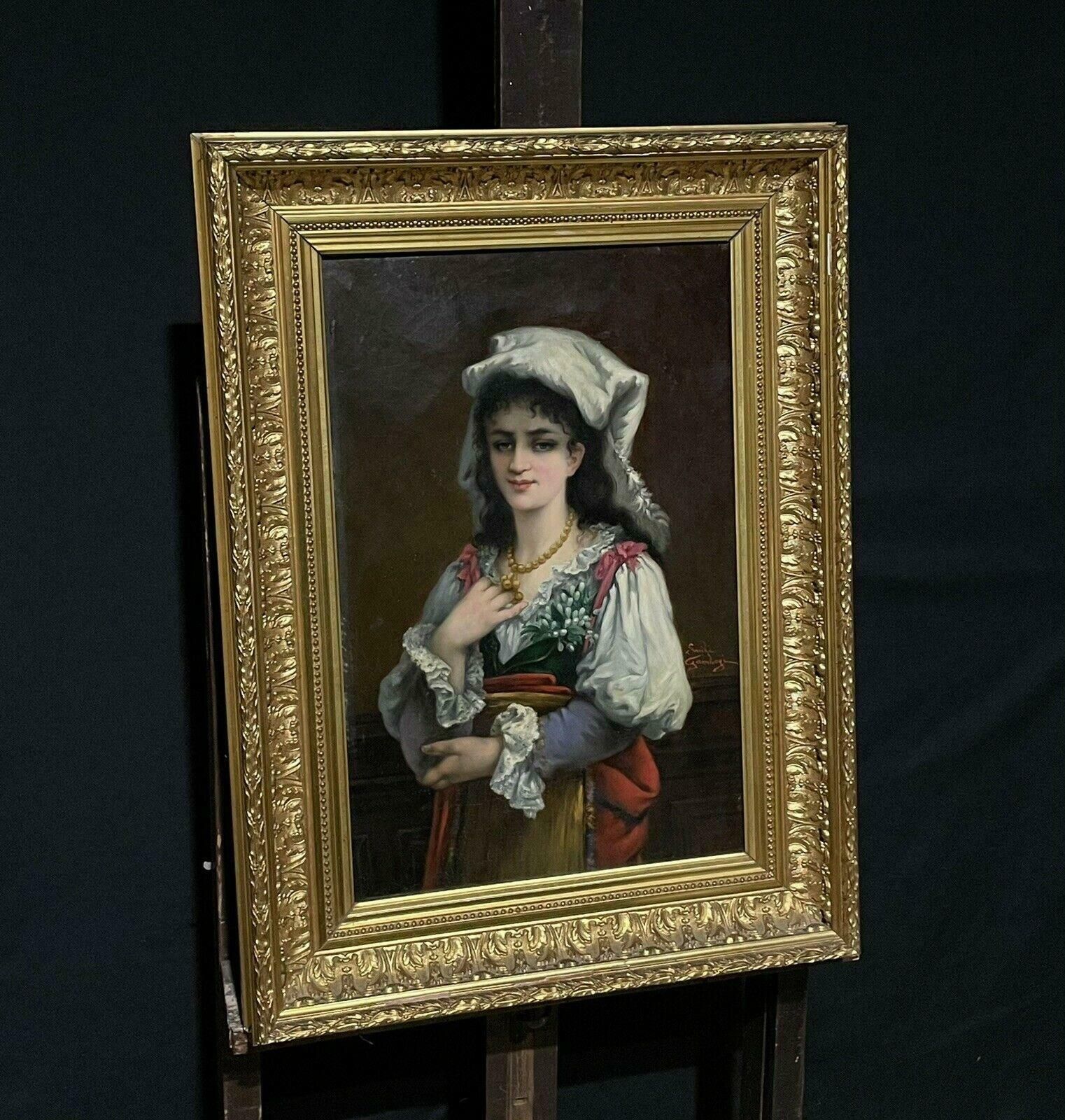 Italian 19thcfine 19th Century Italian Signed Oil Painting Portrait Of Young Lady, Gilt Frame photo furniture