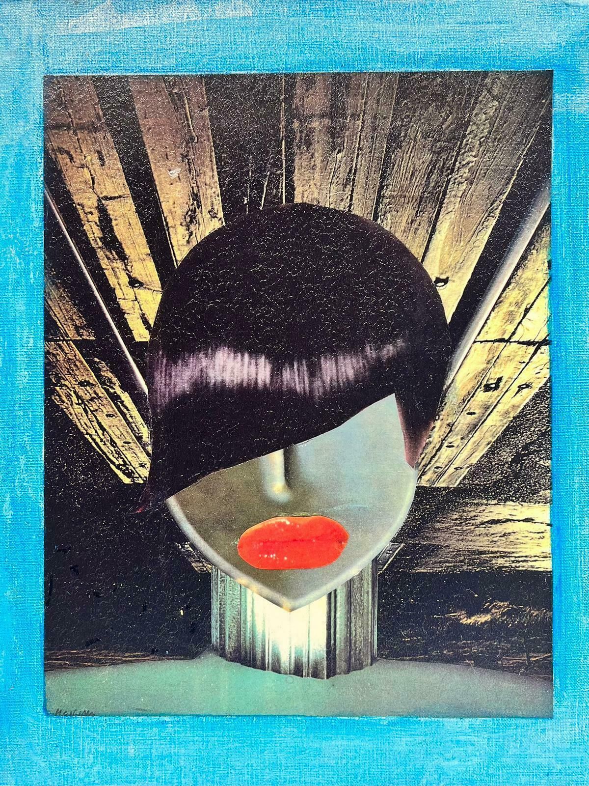 French School1980's French Abstract Original Artwork Collage Painting Portrait Womens Face photo furniture
