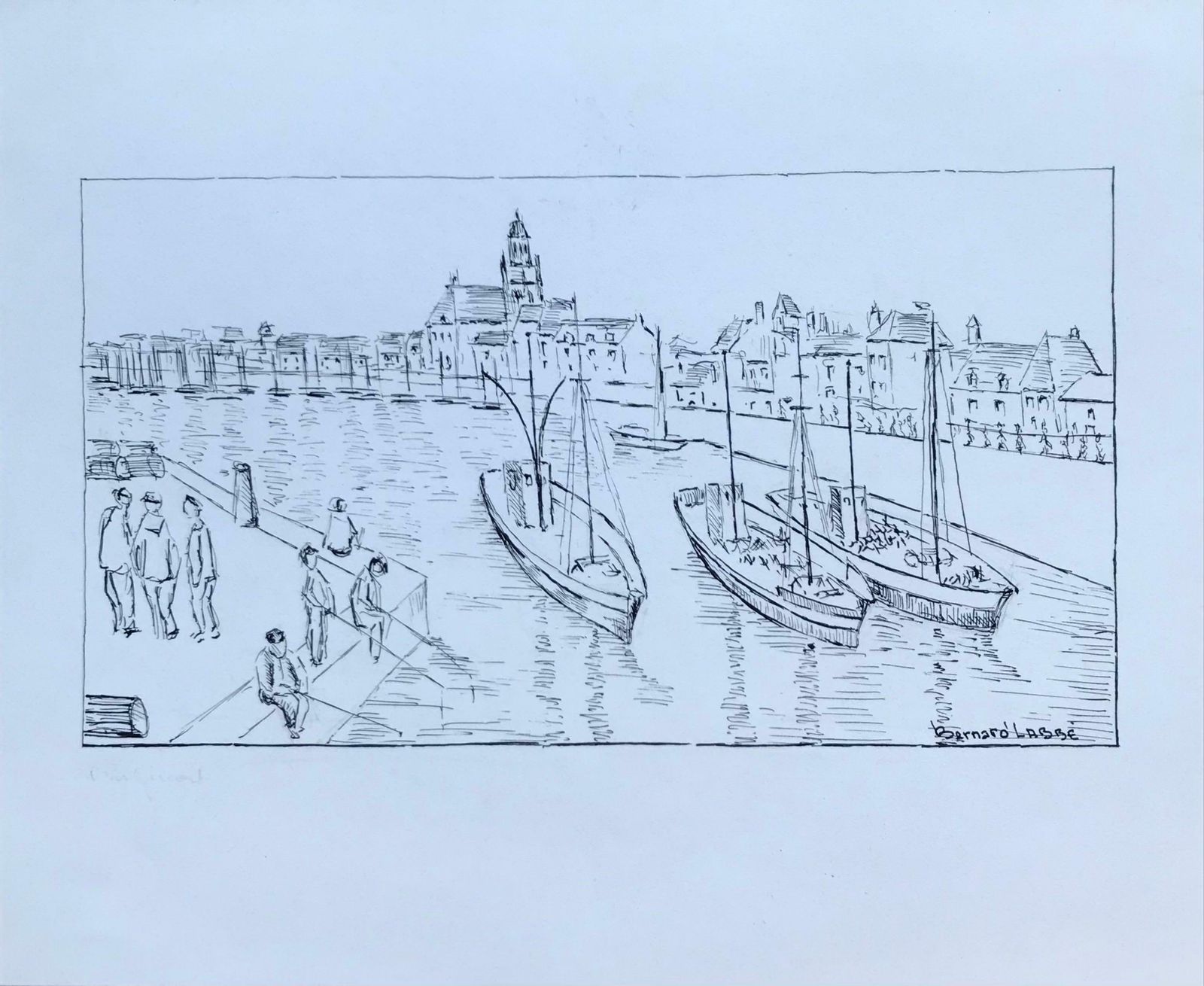Bernard Labbe1950's Modernist/ Cubist Painting   Black And White Harbour Drawing1950's photo for sale