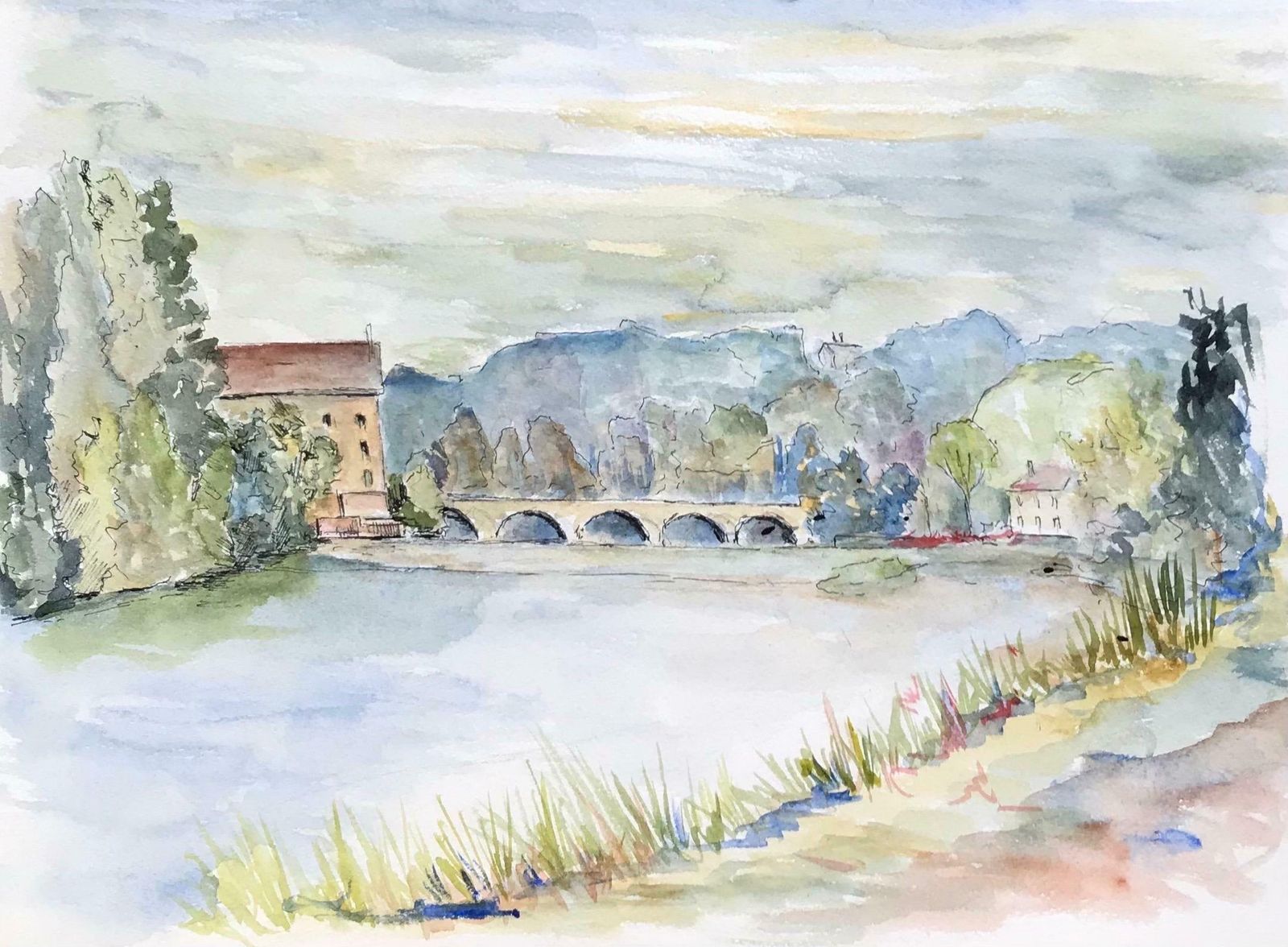 Bernard Labbe1950's Modernist/ Cubist Painting   Peaceful French Bridge Landscape1950's photo furniture
