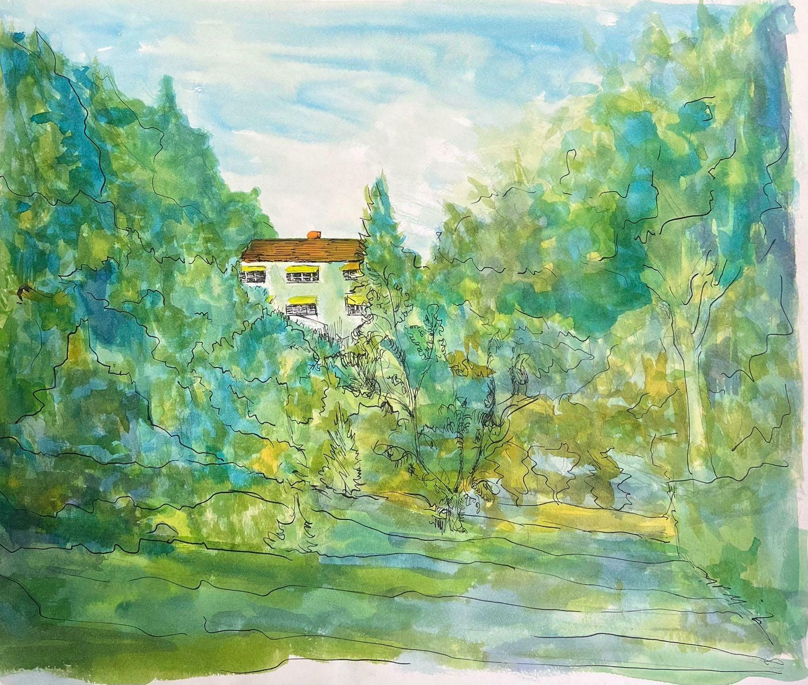 Bernard Labbe1950's Modernist Painting Bright Watercolour Chateau In Green And Blue Forest1950's