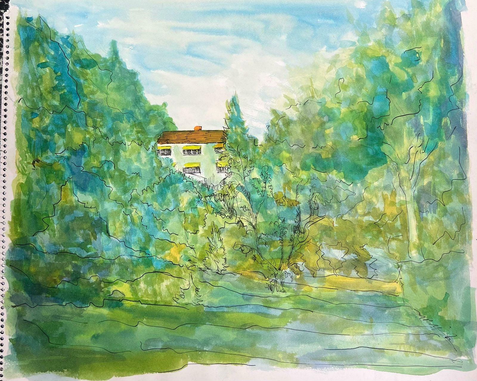 Bernard Labbe1950's Modernist Painting Bright Watercolour Chateau In Green And Blue Forest1950's photo furniture