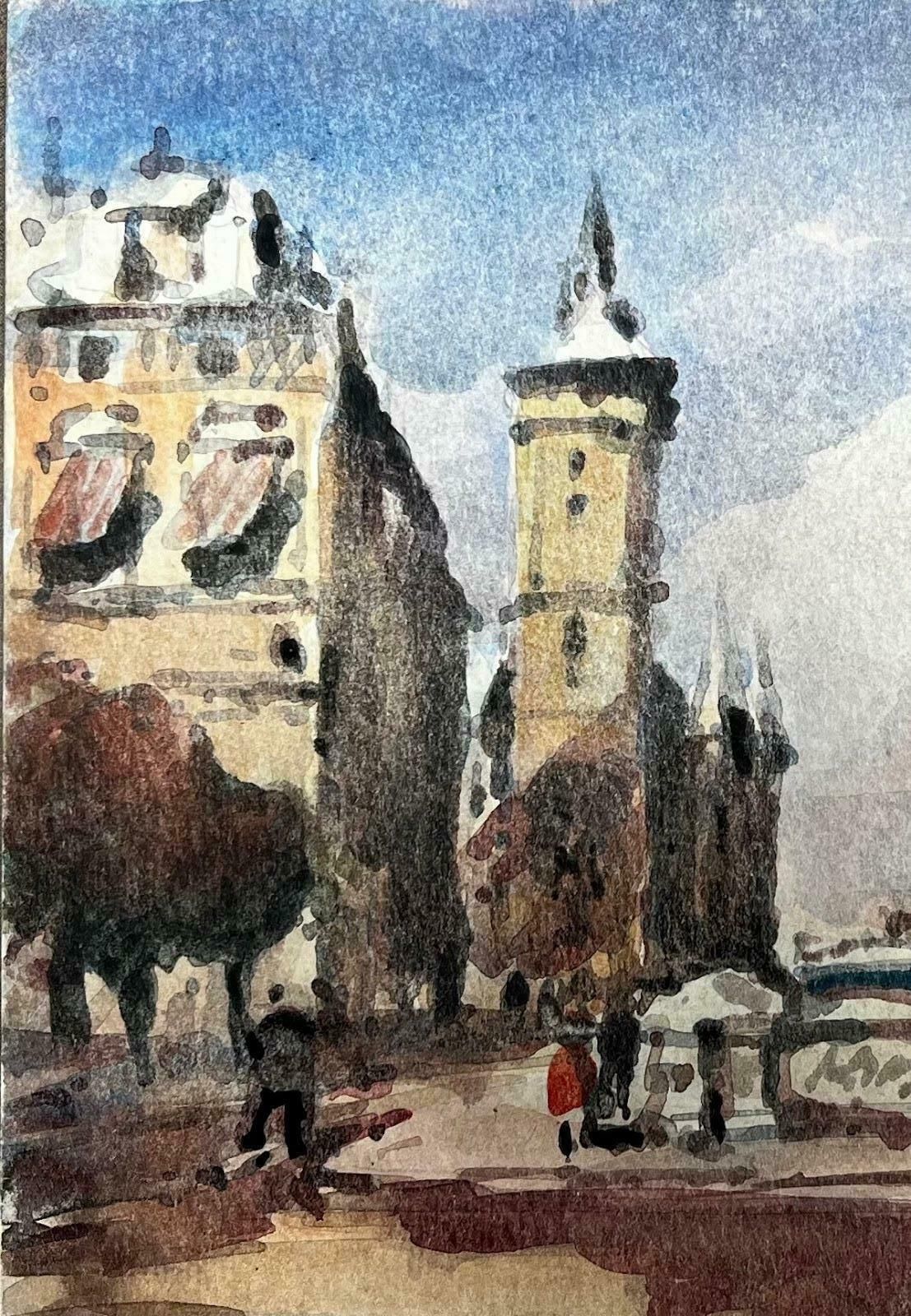 Unknownfrench Impressionist Watercolour Landscape   Urban Landscape With Tower20th Century photo Art