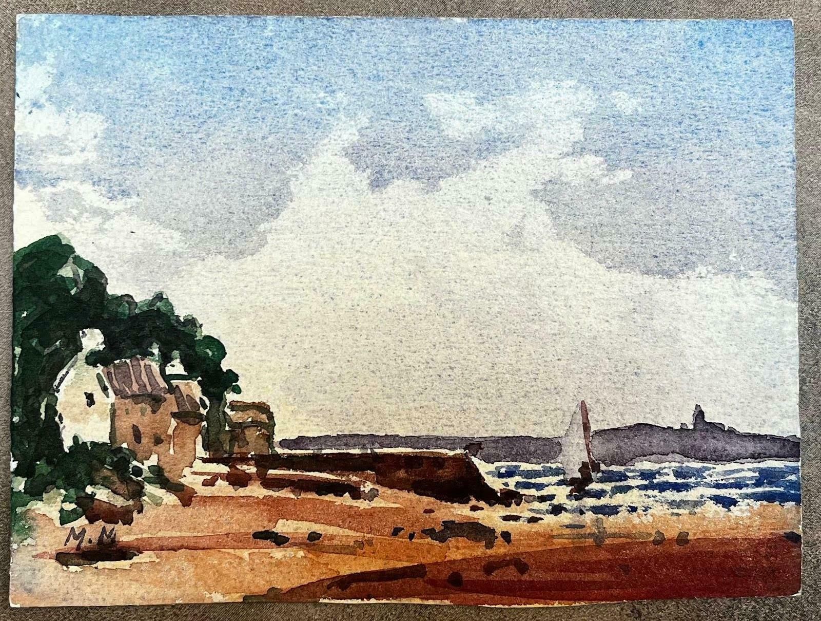 Unknownfrench Impressionist Watercolor Landscape Coastal House With Scene Sailboat View20th Century