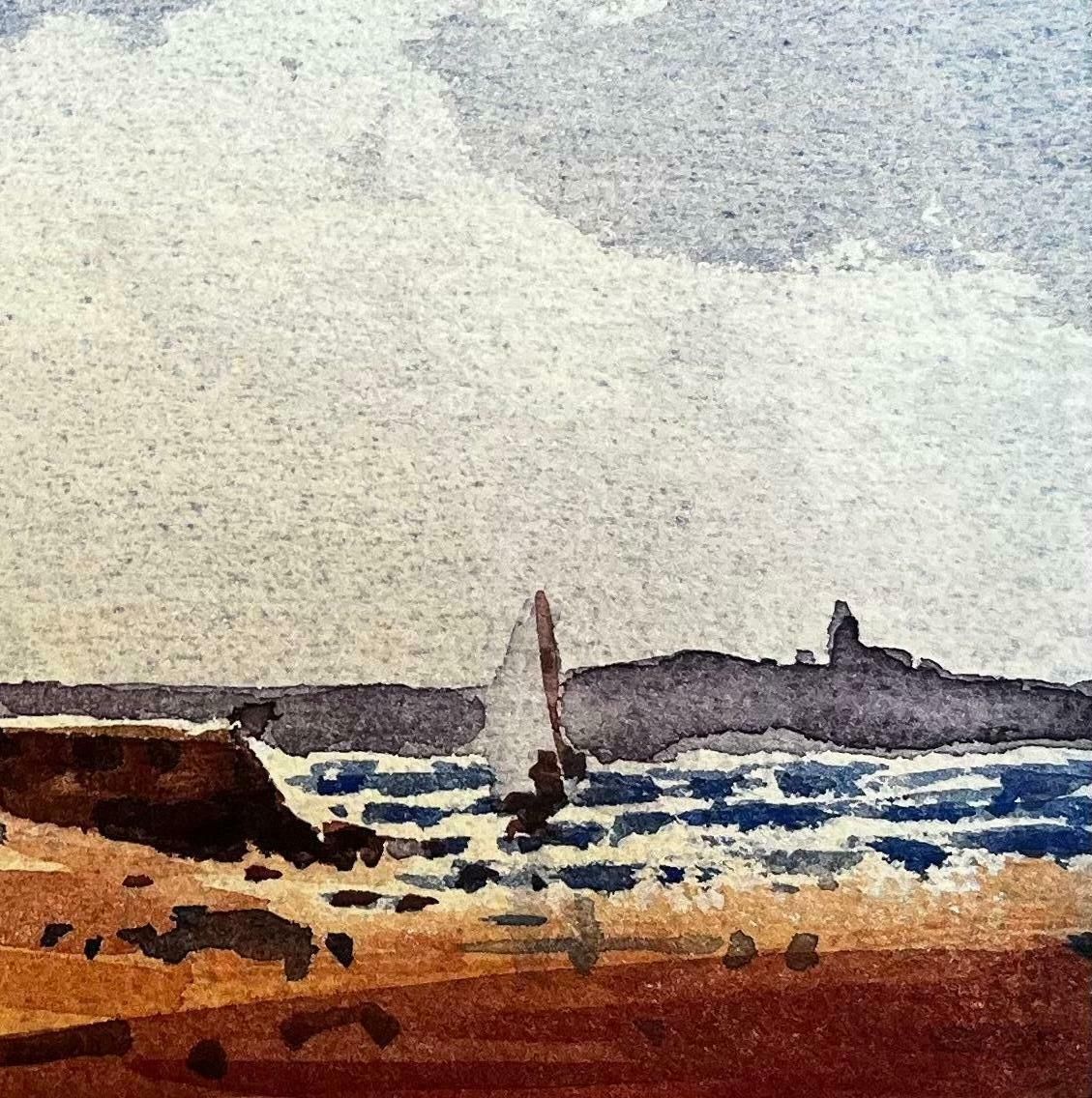 Unknownfrench Impressionist Watercolor Landscape Coastal House With Scene Sailboat View20th Century photo for sale