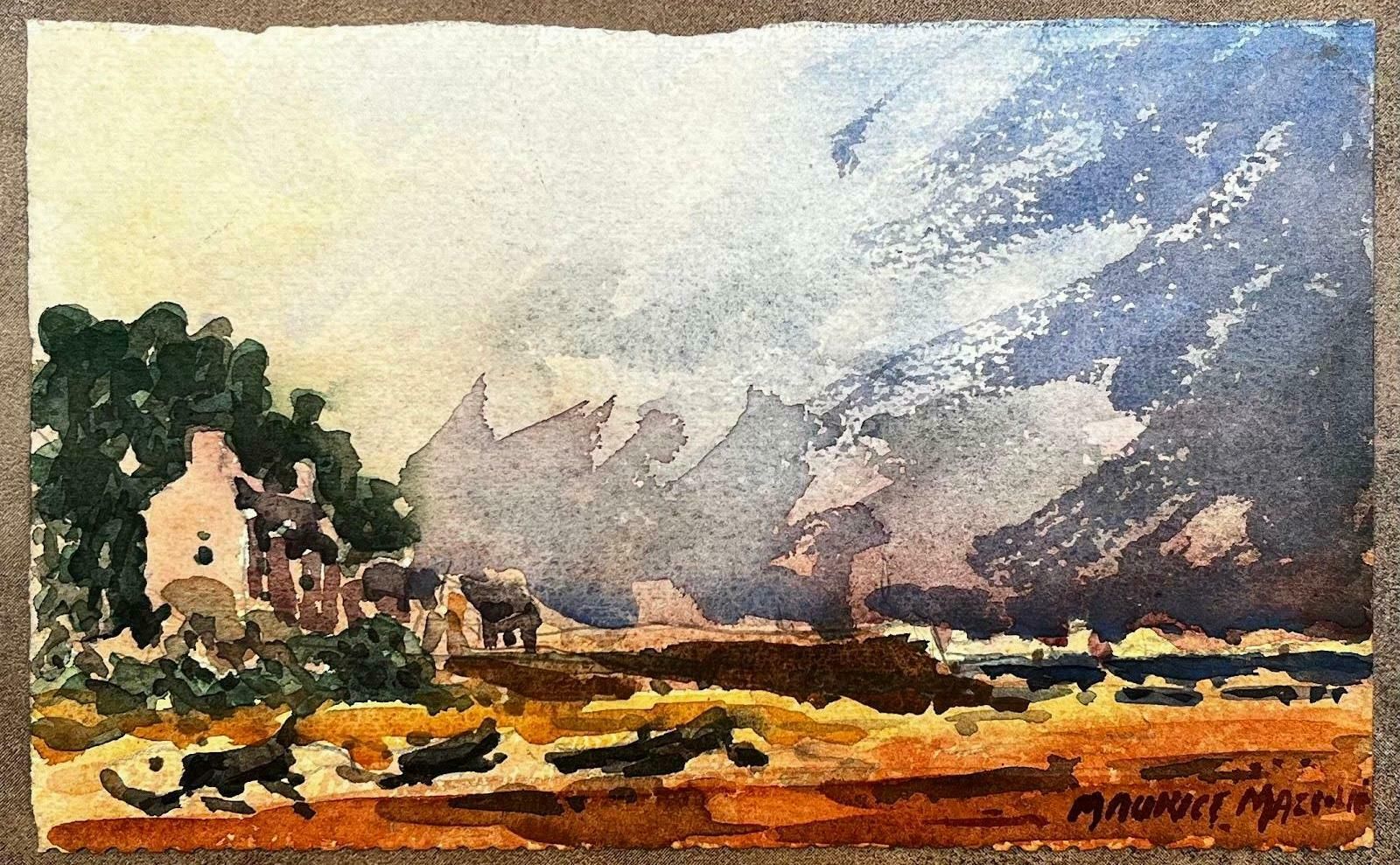 Unknownfrench Impressionist Watercolor Landscape Seaside Village Overlooking The Bay20th Century
