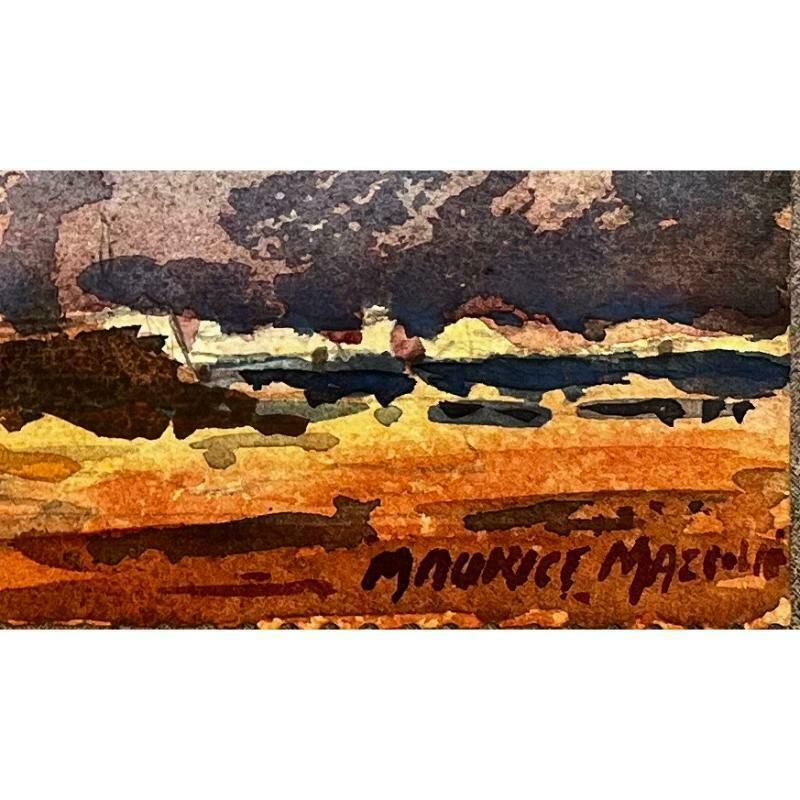 Unknownfrench Impressionist Watercolor Landscape Seaside Village Overlooking The Bay20th Century photo for sale