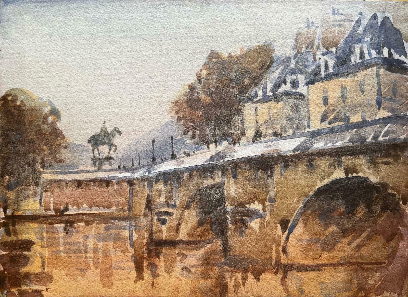 Unknownfrench Impressionist Watercolor Landscape The River Seine Bridge Horse Statue 20th Century