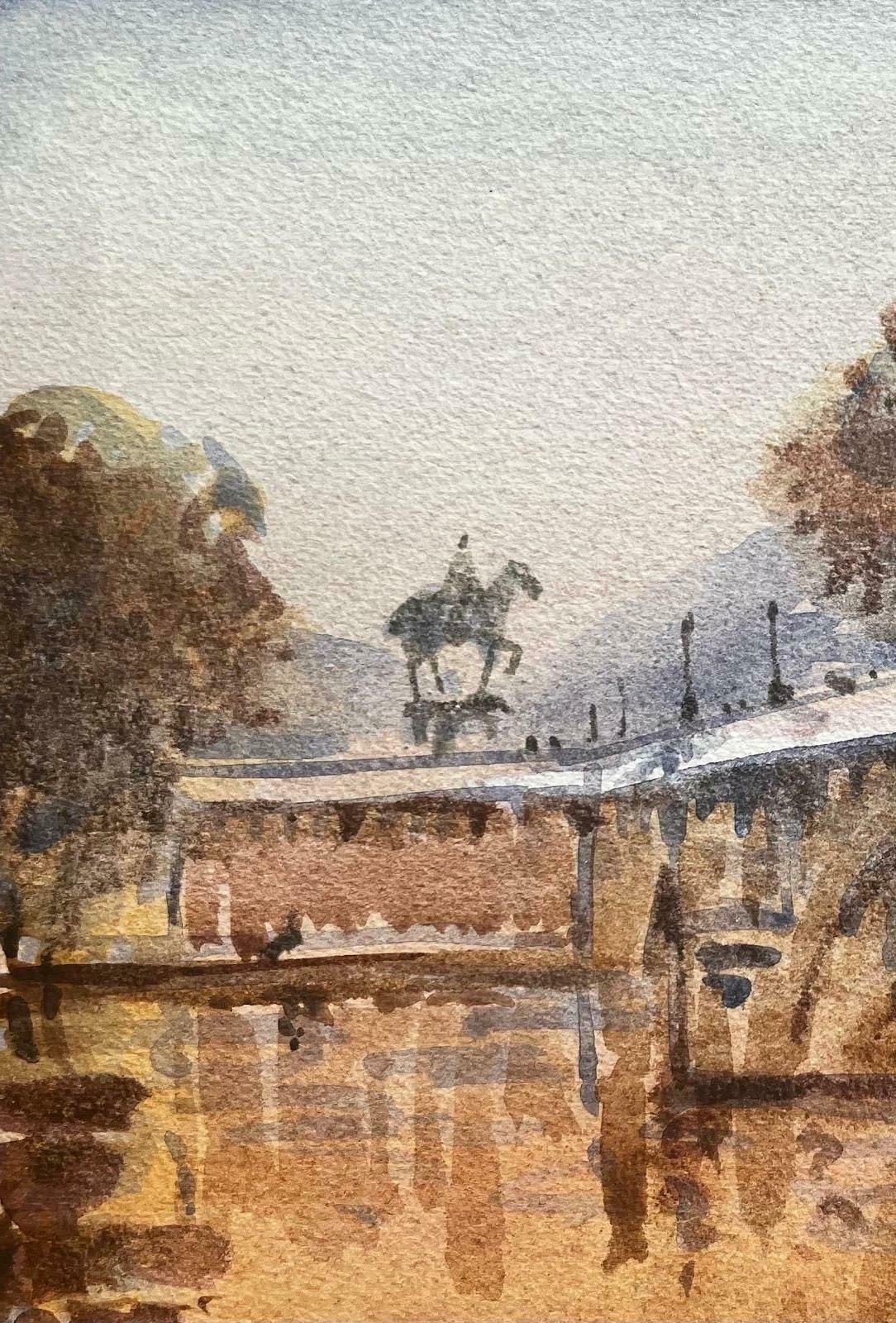 Unknownfrench Impressionist Watercolor Landscape The River Seine Bridge Horse Statue 20th Century photo for sale