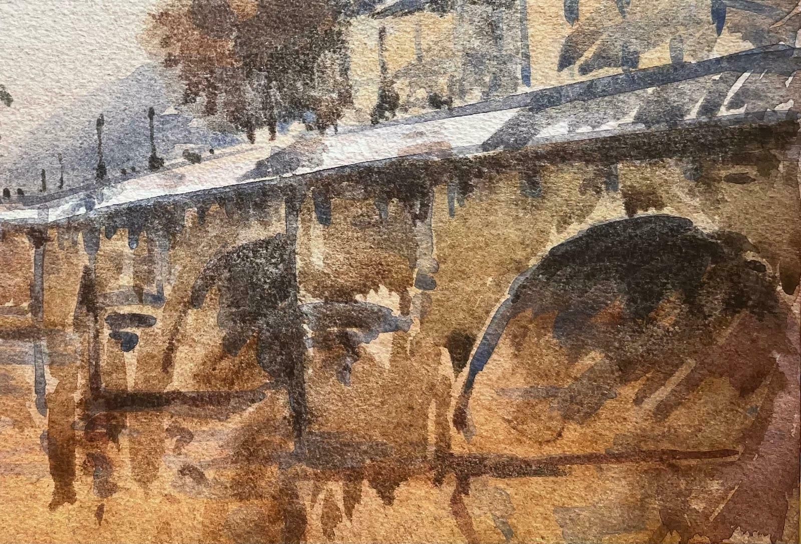 Unknownfrench Impressionist Watercolor Landscape The River Seine Bridge Horse Statue 20th Century photo Art