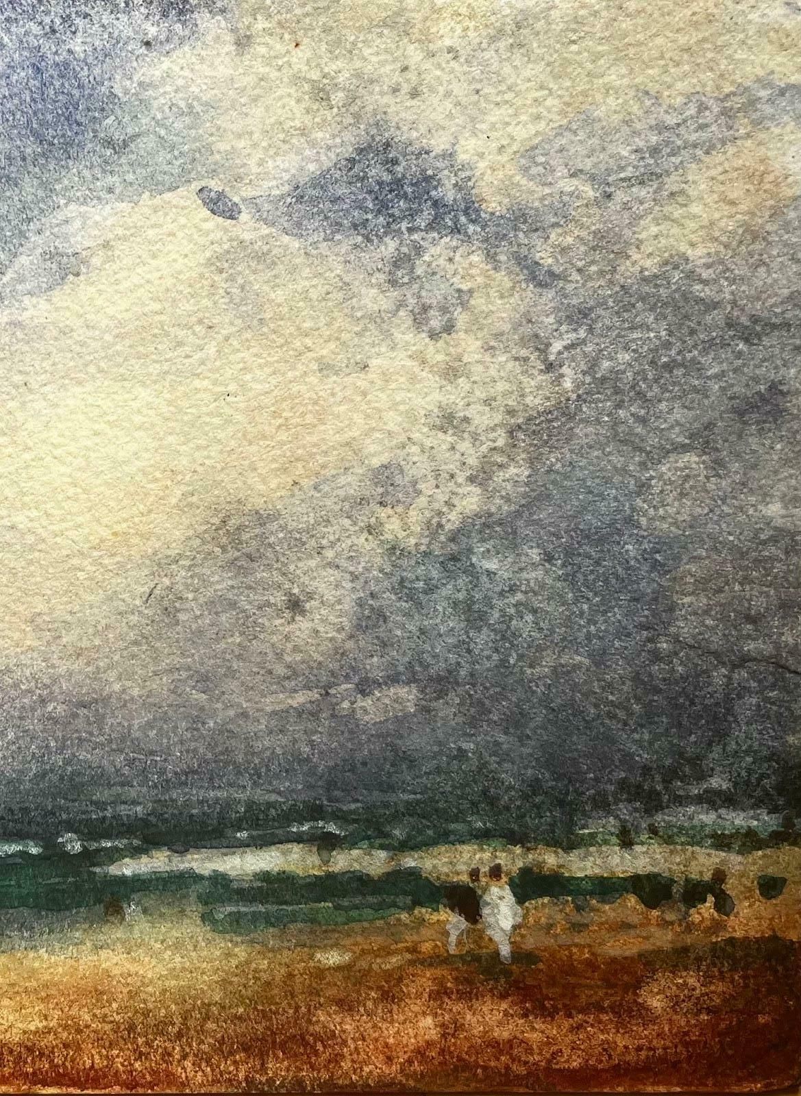 Unknownfrench Impressionist Watercolor Landscape Seaside Scene With Pier And Figures20th Century photo for sale