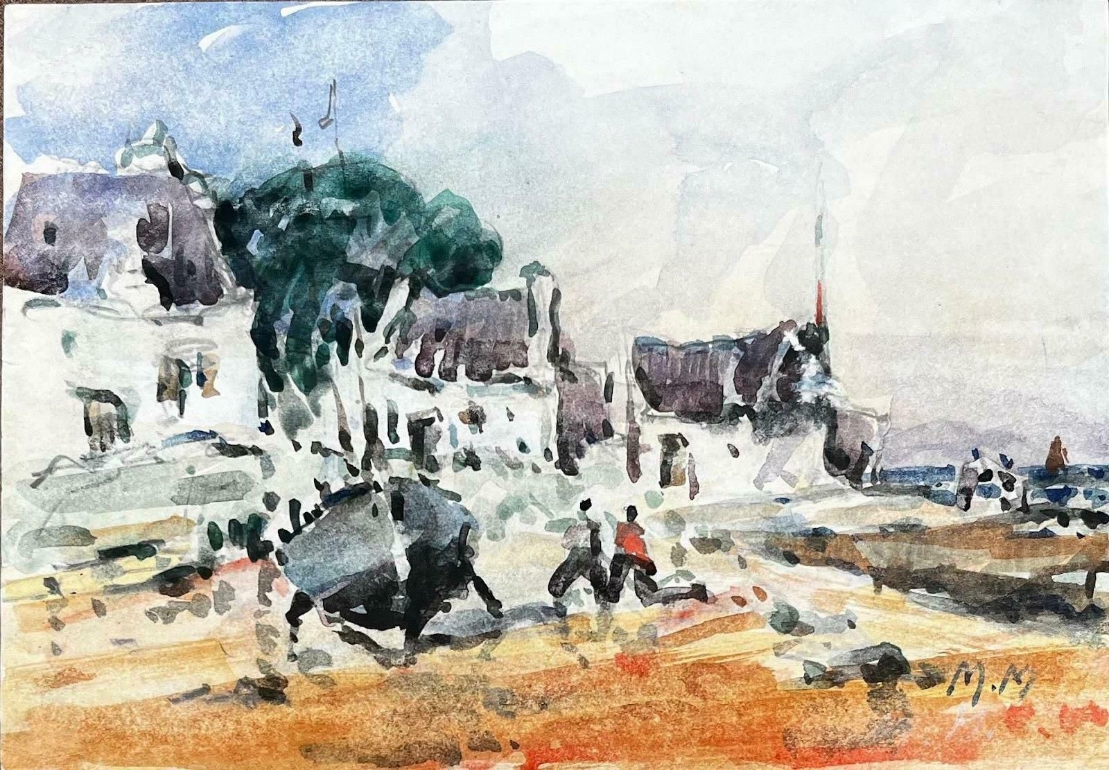 Unknownfrench Impressionist Watercolor Landscape Coastal Village With Boat And Figures20th Century photo furniture