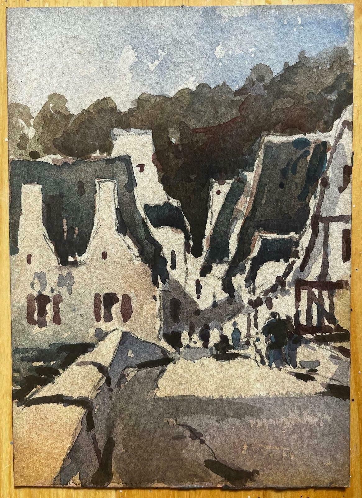 Unknownfrench Impressionist Watercolor Landscape Rural Village Town With Figures20th Century