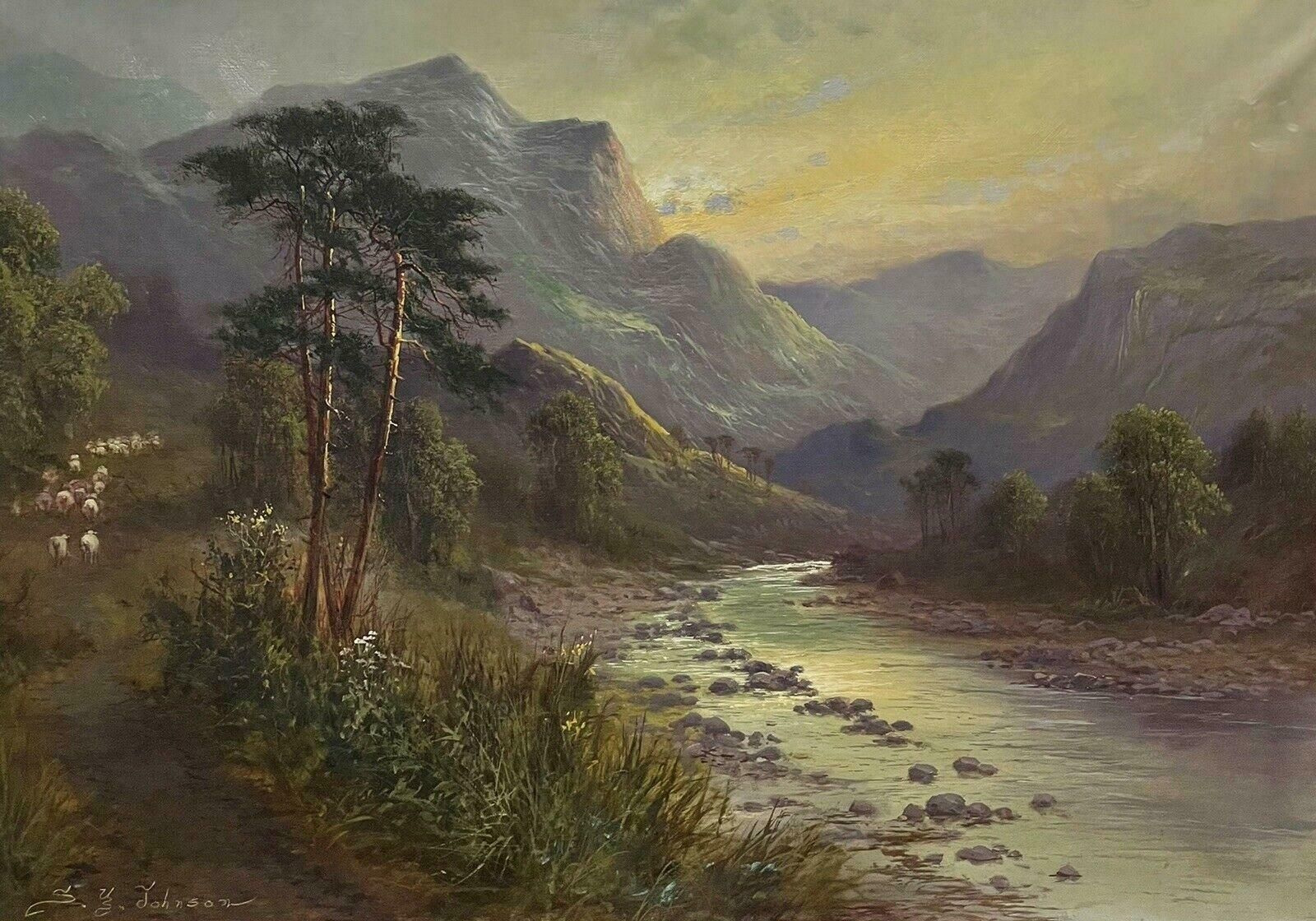 Sidney Yates Johnsonlarge Antique Scottish Highland Landscape Oil Painting Sheep In River Valleyc. 1900