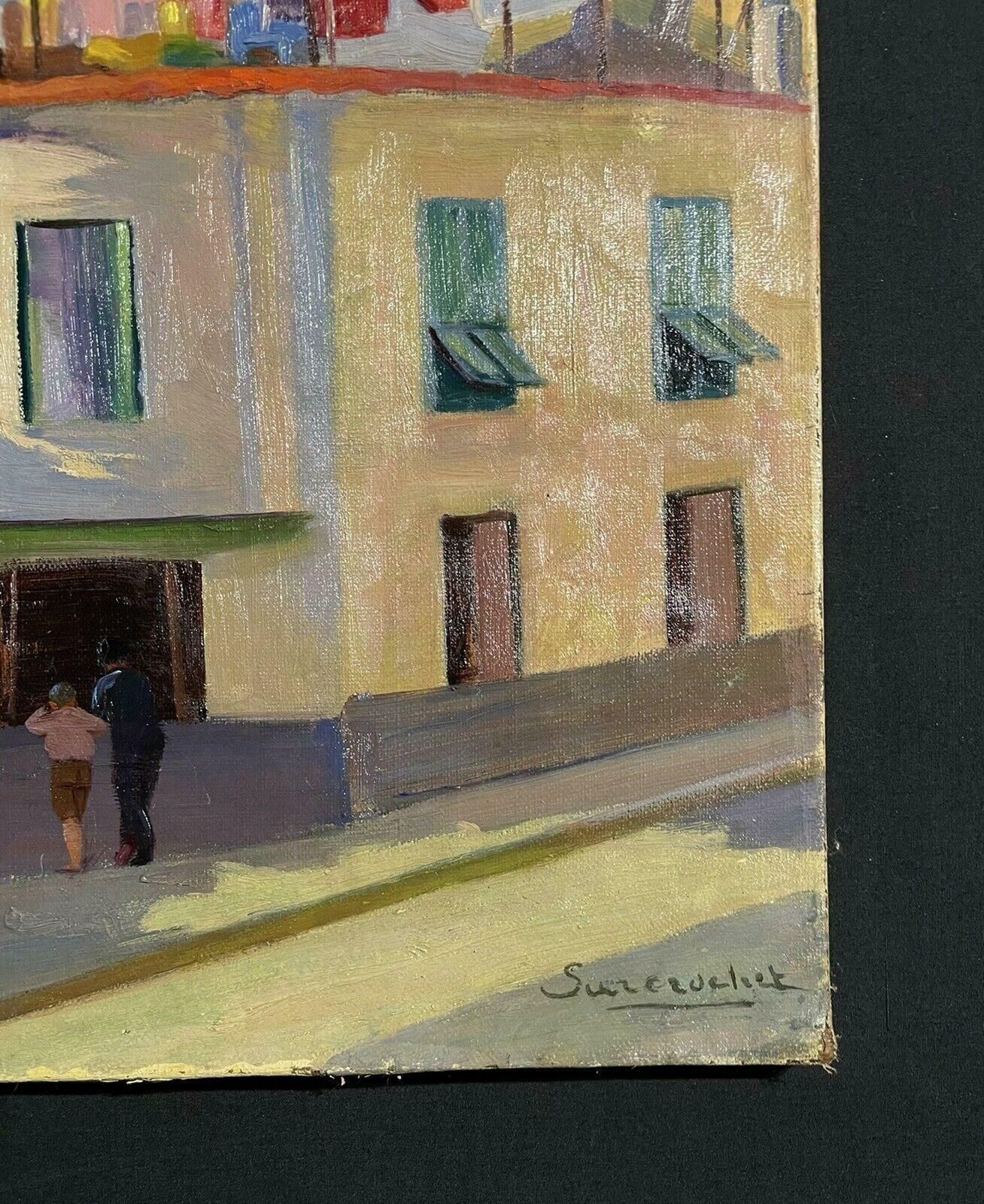 Unknown1950's French Modernist Signed Oil Figures In Sunny Street & Buildings photo vintage