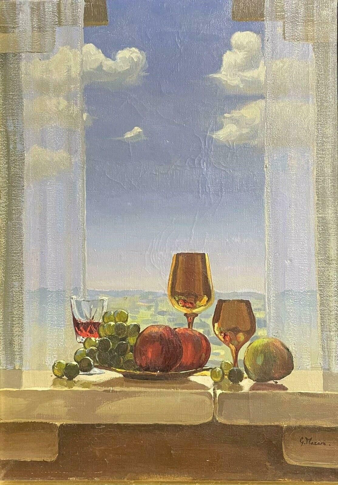 Unknownfrench Surrealist Signed Oil Painting   Still Life By Window Sill