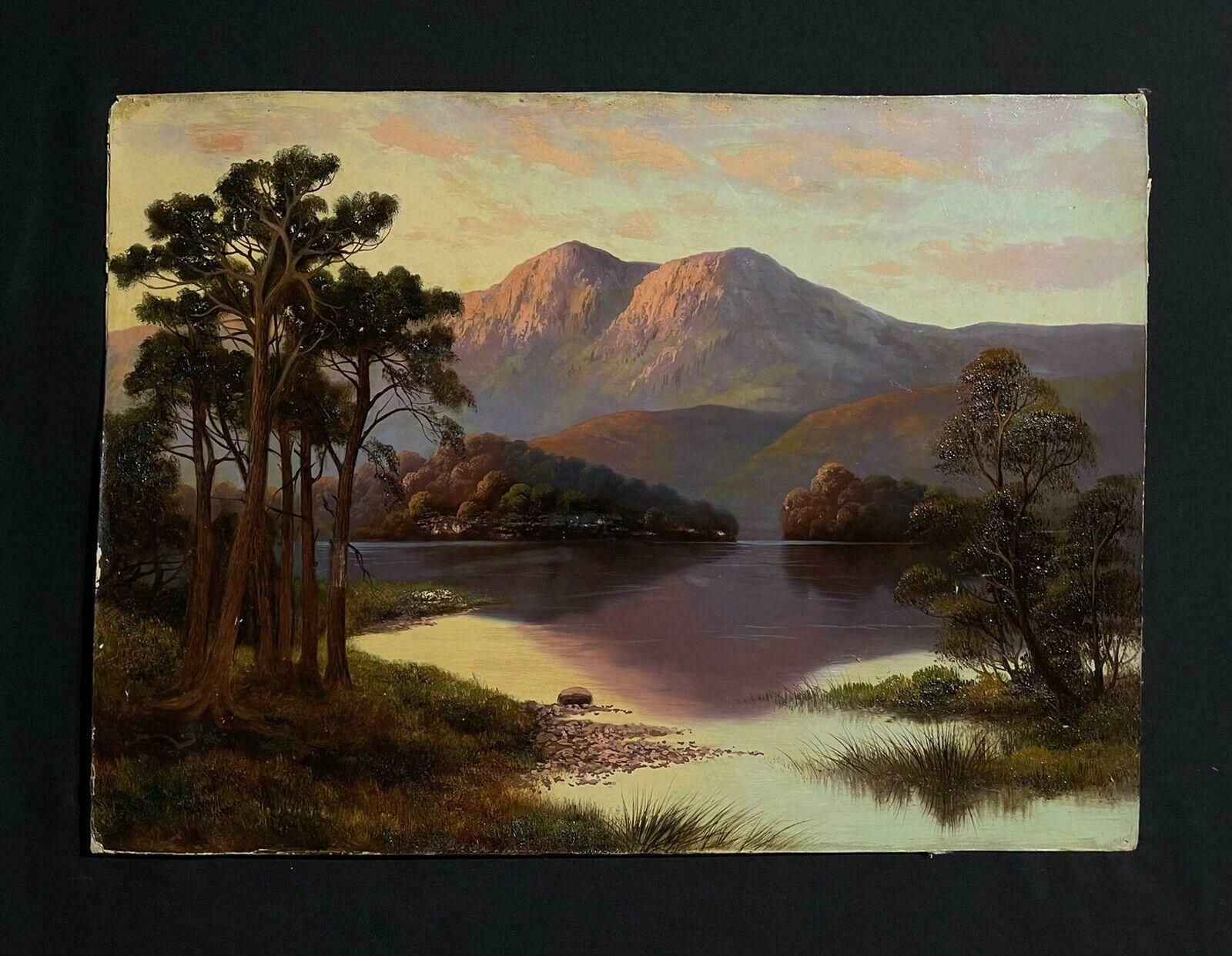 Antique Britishhighland Loch Scene At Sunset, Beautiful Tranquil Water, Antique Oil Painting photo furniture