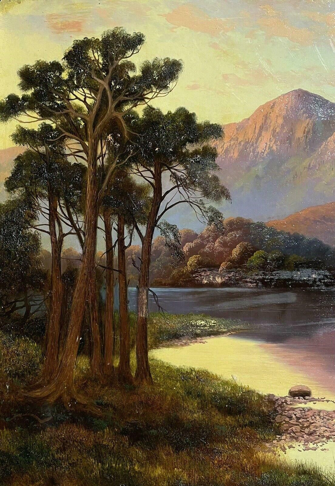 Antique Britishhighland Loch Scene At Sunset, Beautiful Tranquil Water, Antique Oil Painting photo for sale