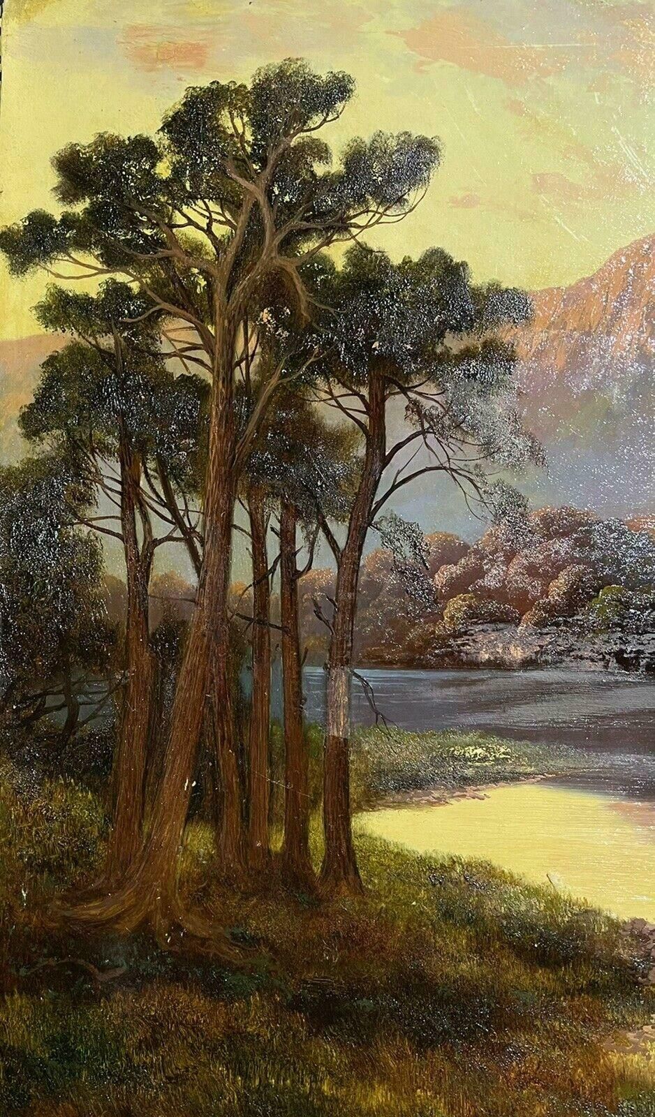 Antique Britishhighland Loch Scene At Sunset, Beautiful Tranquil Water, Antique Oil Painting photo vinterior