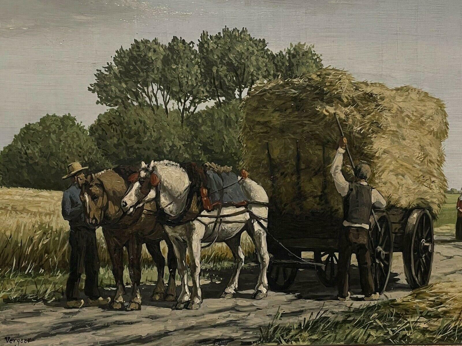 Dutch Schoolharvest Scene Horses Pulling The Hay Cart Home, Rural Oil Painting, Signed photo for sale