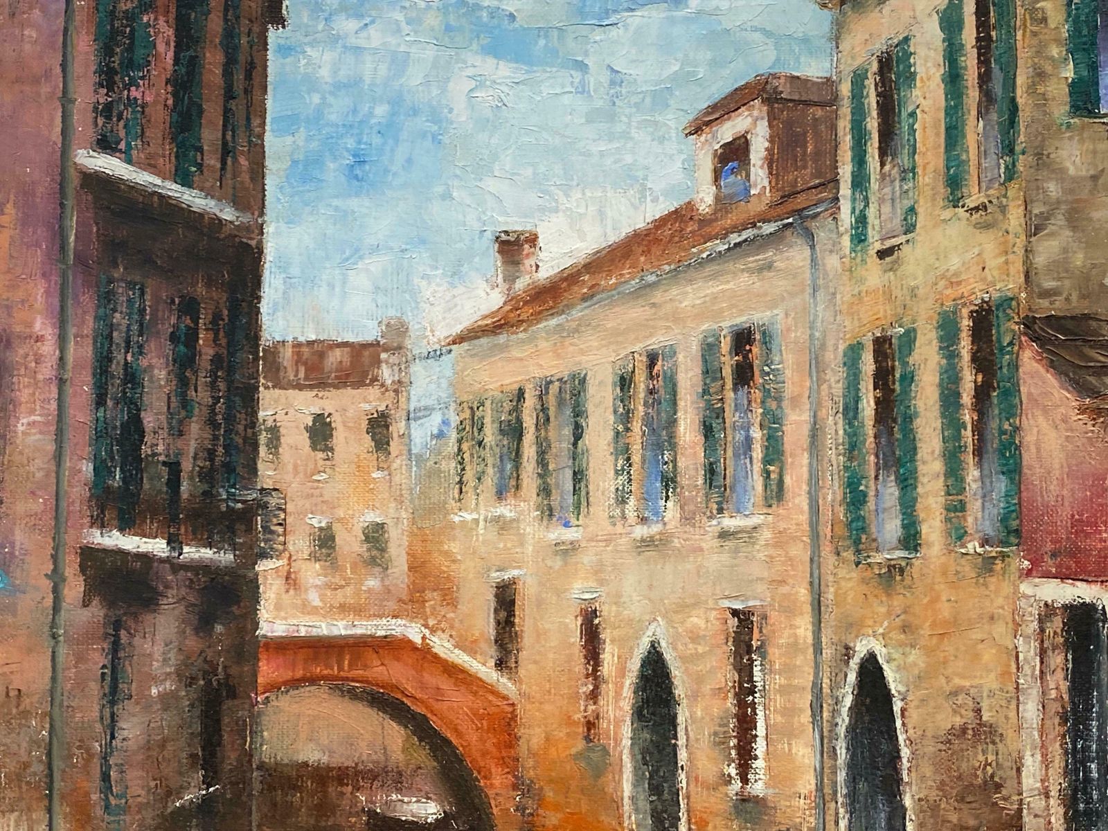 Louis Del Bianco (B.1925venice Tranquil Canal Backwater, Original Oil Painting On Canvas20th Century photo for sale