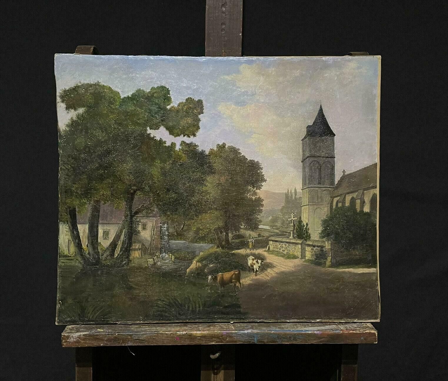 Unknownearly 19th Century French Oil Cattle Being Driven Through Old Village Street photo furniture