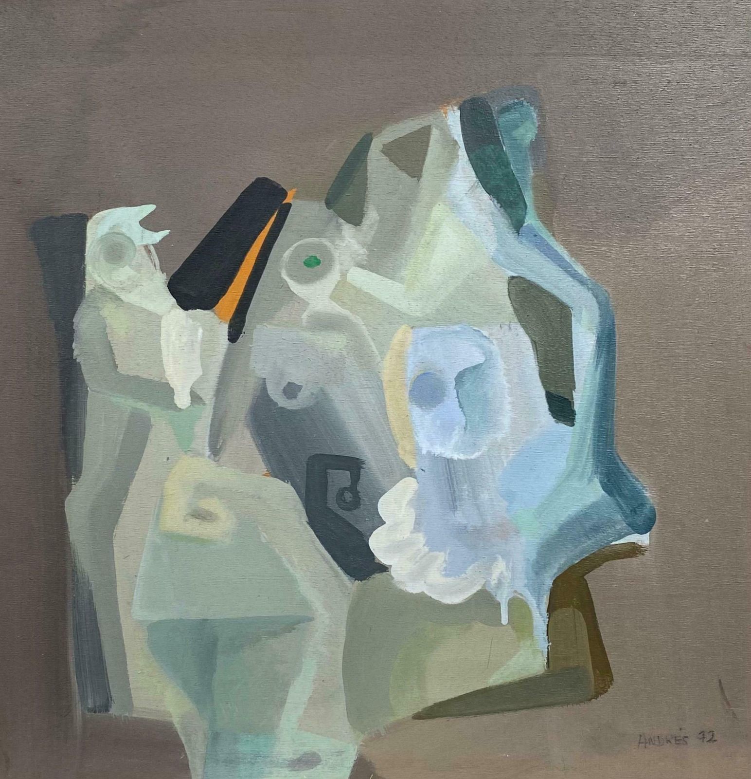 Andresfrench Surrealist Oil Painting Figurative Scene   Blue Abstract Shapesc. 1970s