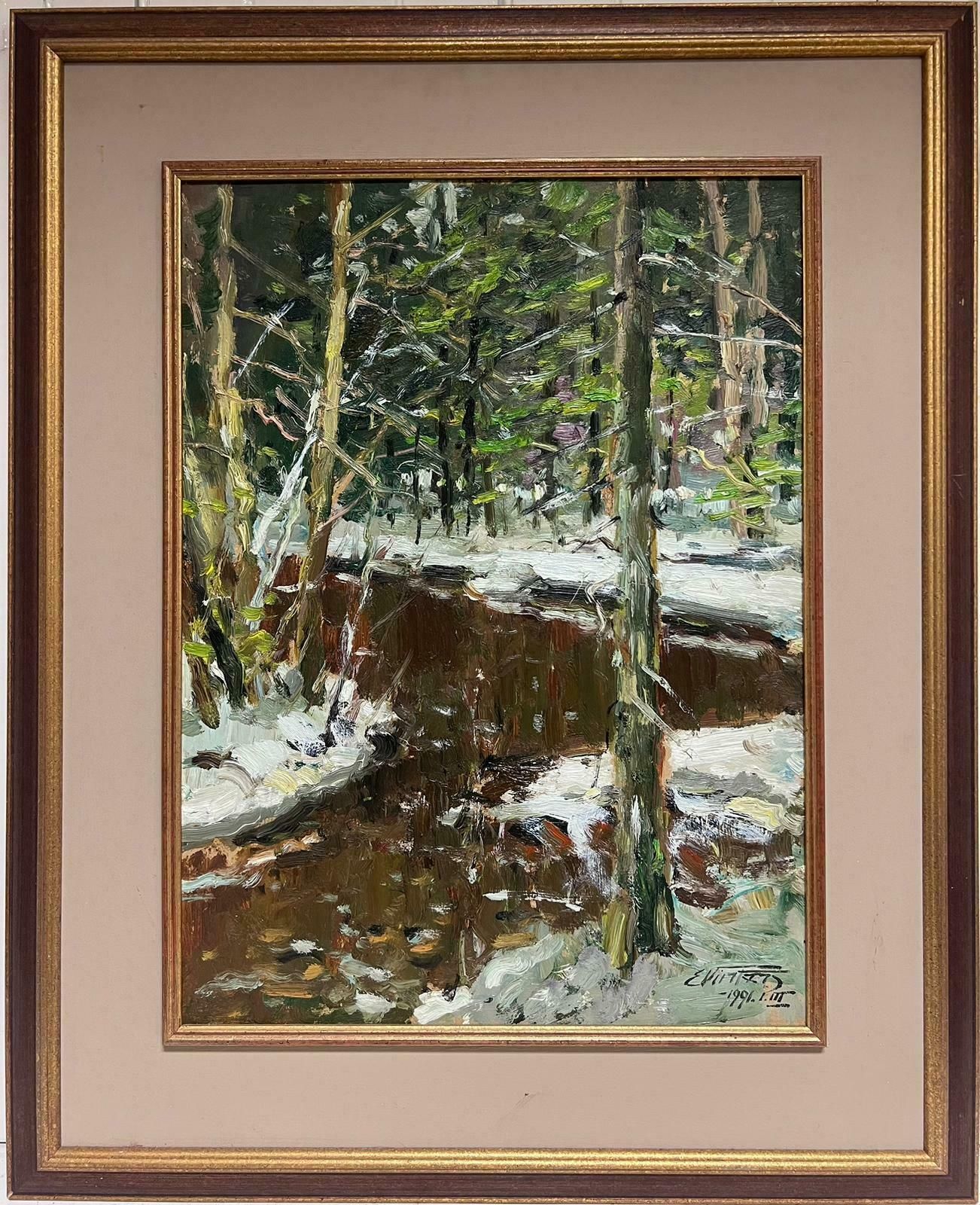 Edgars Vinterslarge Latvian Impressionist Signed Oil Painting Snow On Winter Woodland Path1994 photo furniture