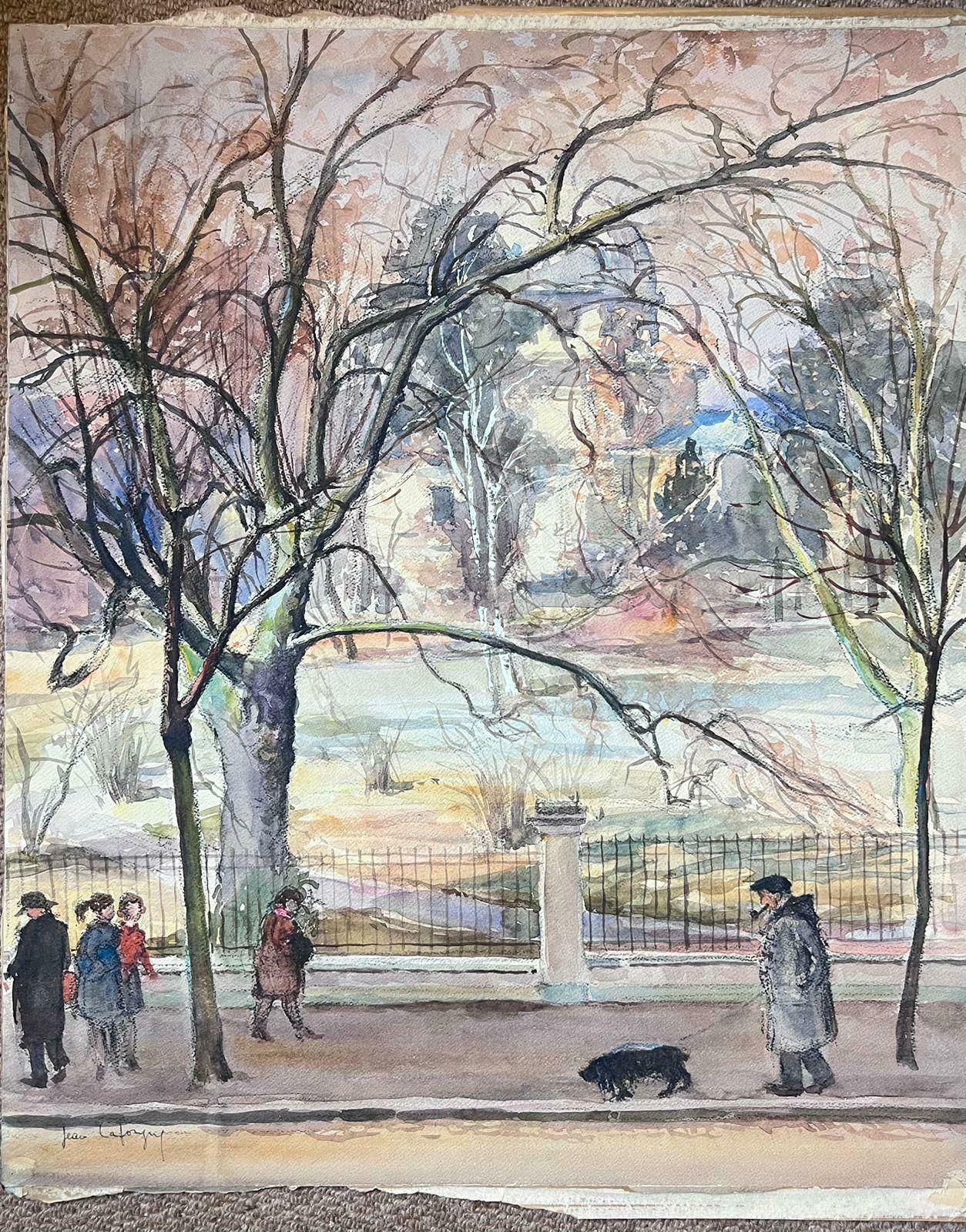 Jean Laforguemid 20th Century French Signed Painting Figures Dog Walking In The Winter Park photo furniture