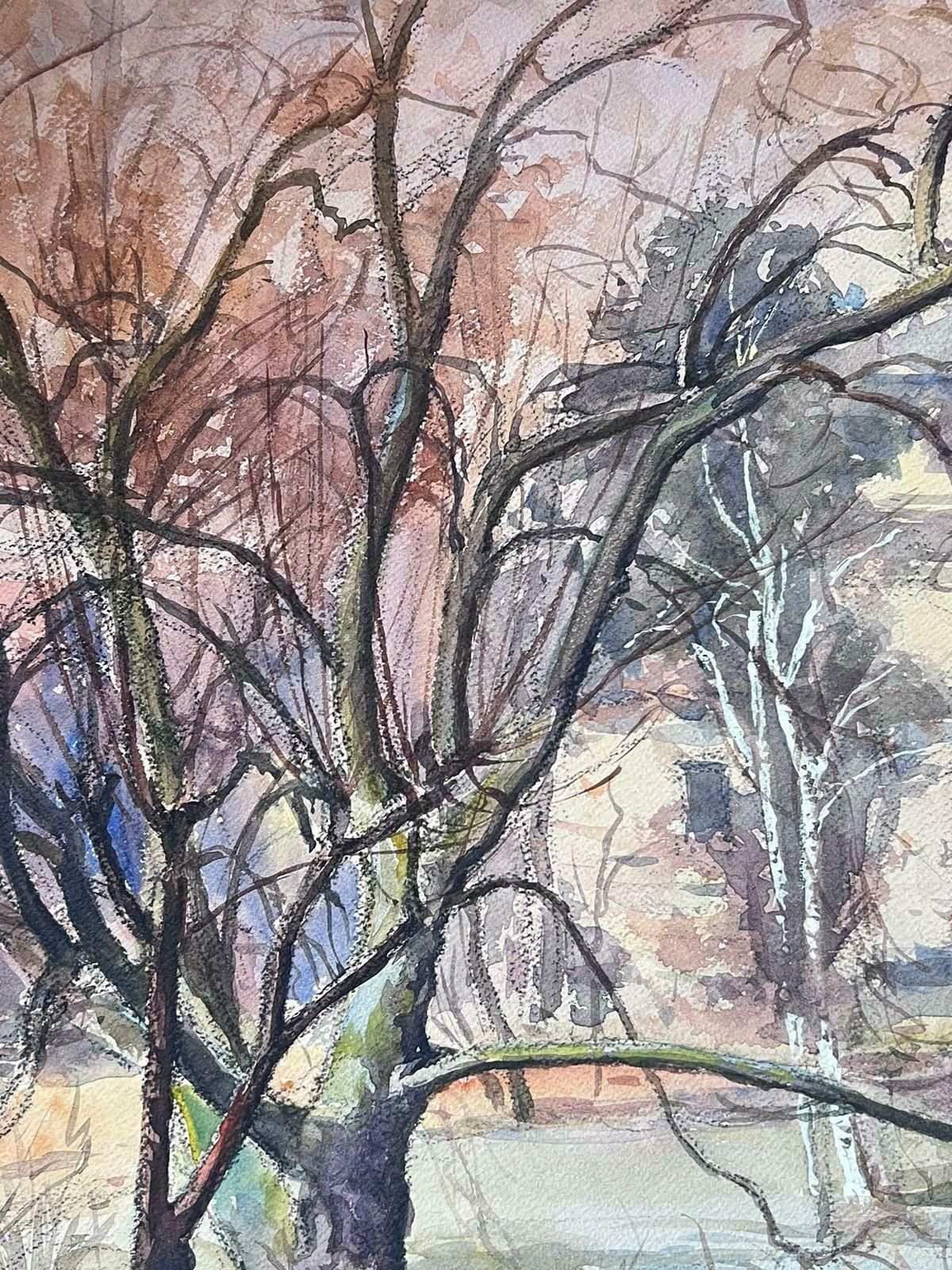 Jean Laforguemid 20th Century French Signed Painting Figures Dog Walking In The Winter Park photo for sale