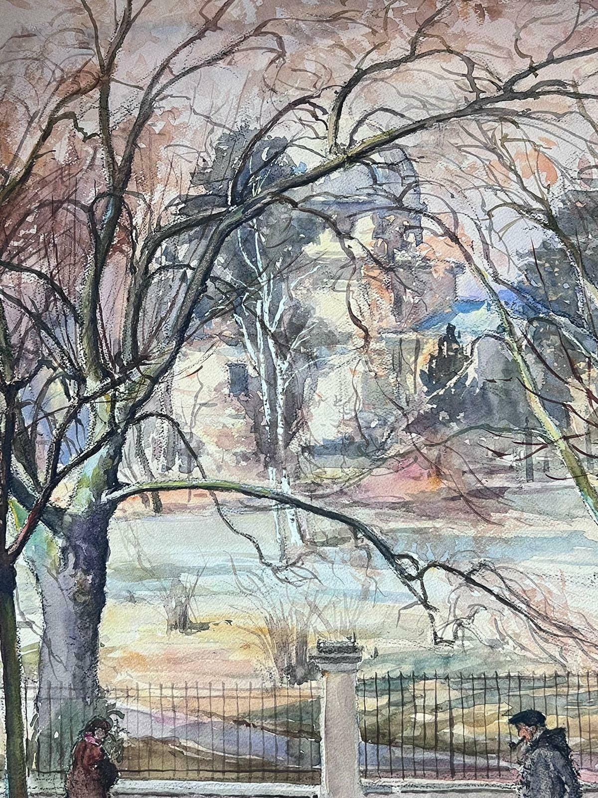 Jean Laforguemid 20th Century French Signed Painting Figures Dog Walking In The Winter Park photo Art