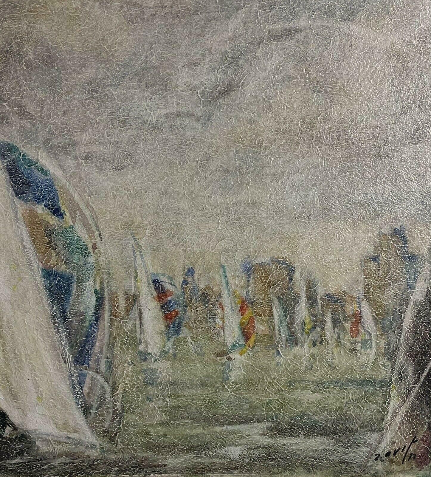 Unknownracing Yachts Flotilla At Sea, Signed 1970's French Modernist Oil Painting photo 1226.0