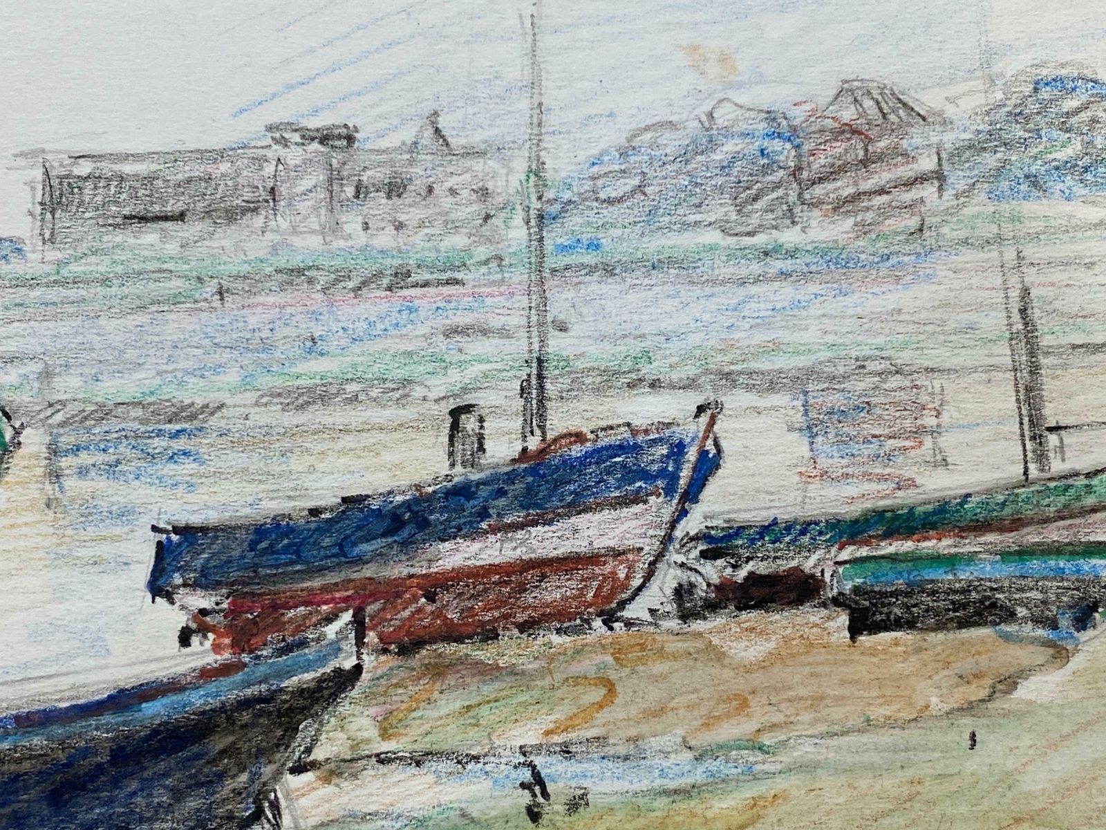 Camille Meriotcamille Meriot French Signed Impressionist Crayon Drawing   Atmospheric Boats C. 1940's photo for sale