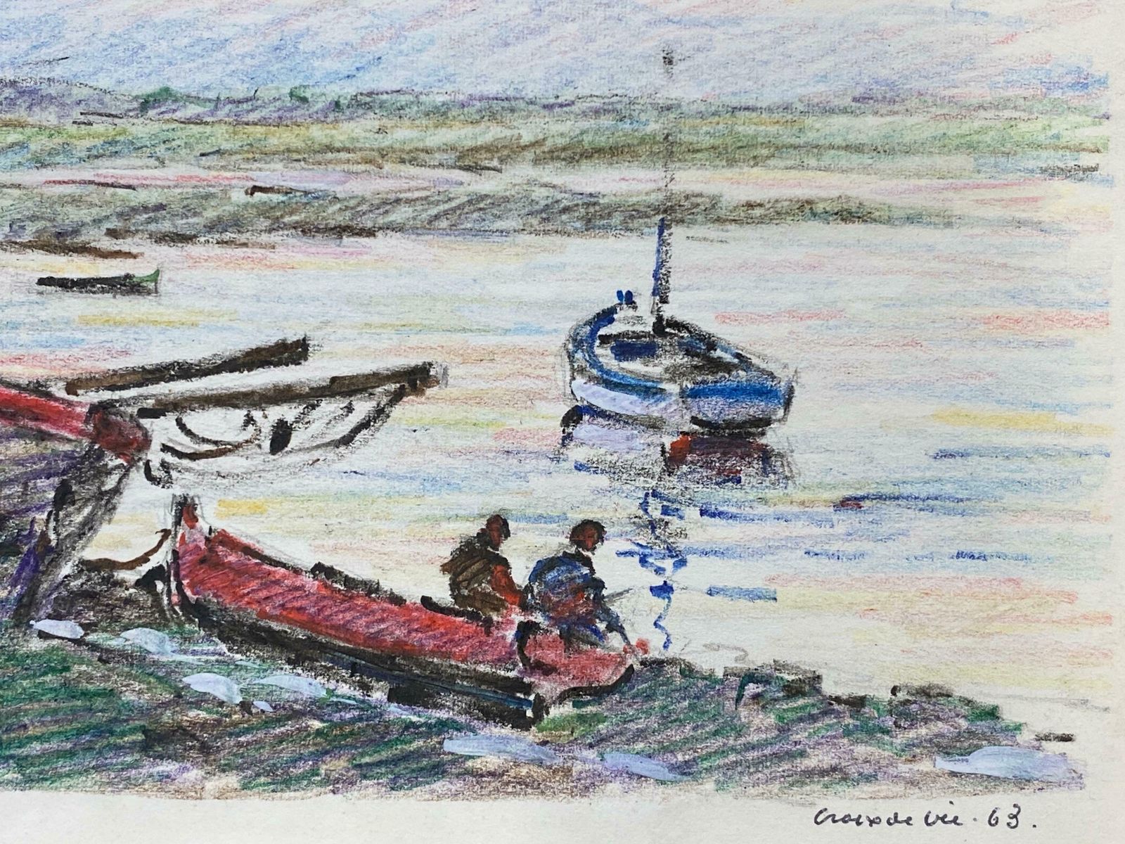 Camille Meriotcamille Meriot French Signed Impressionist Crayon Drawing   By The Harbourc. 1940's photo Art