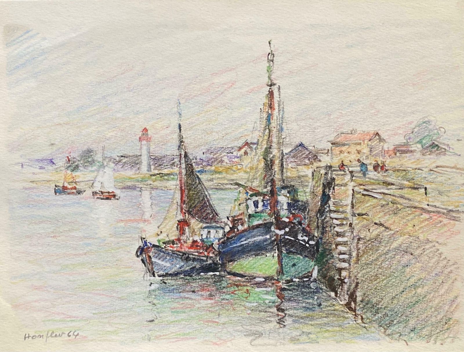 Camille Meriotbrittany Fishing Boats In Harbour, French Signed Impressionist Crayon Drawingc. 1940's