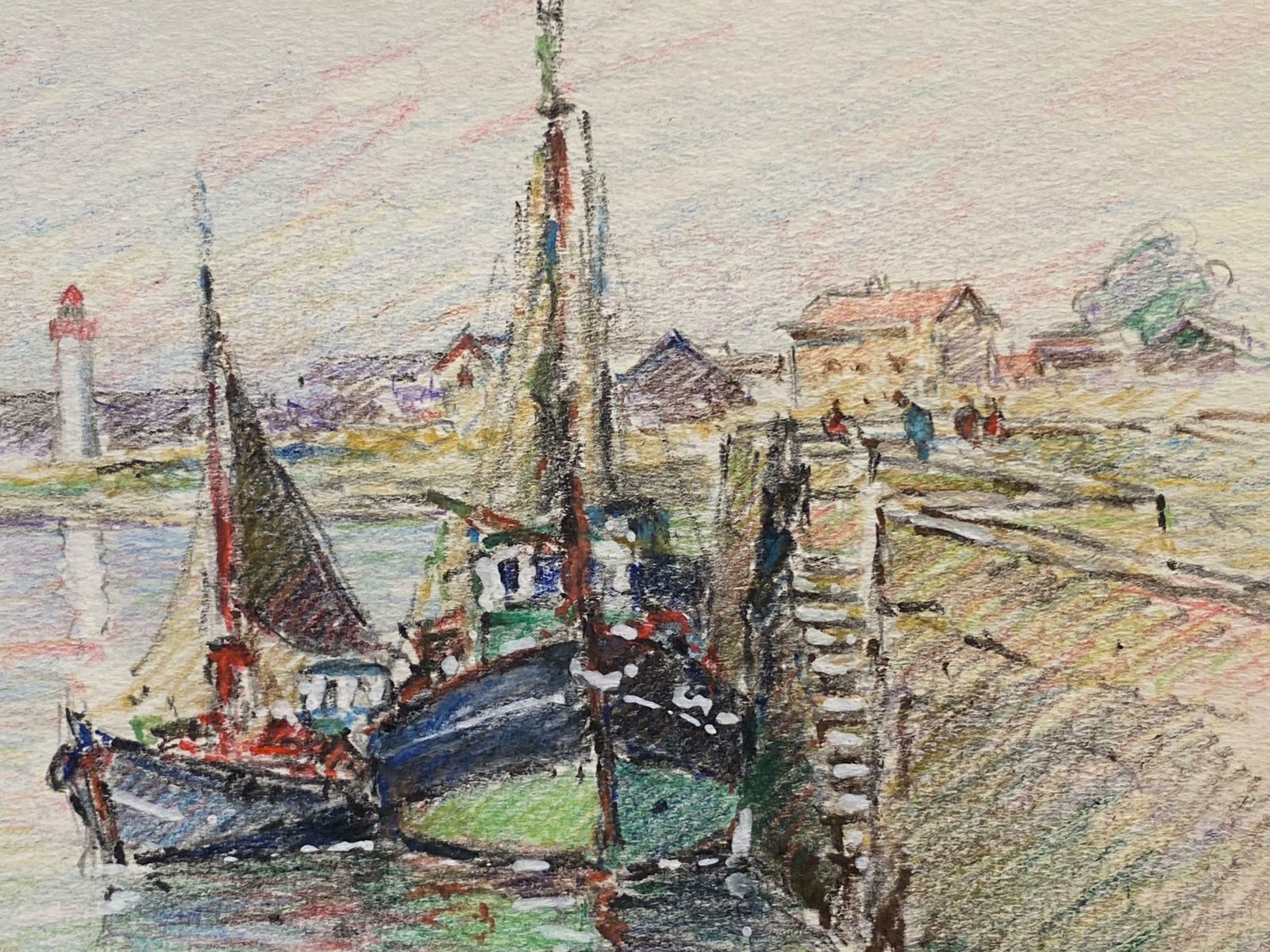 Camille Meriotbrittany Fishing Boats In Harbour, French Signed Impressionist Crayon Drawingc. 1940's photo for sale