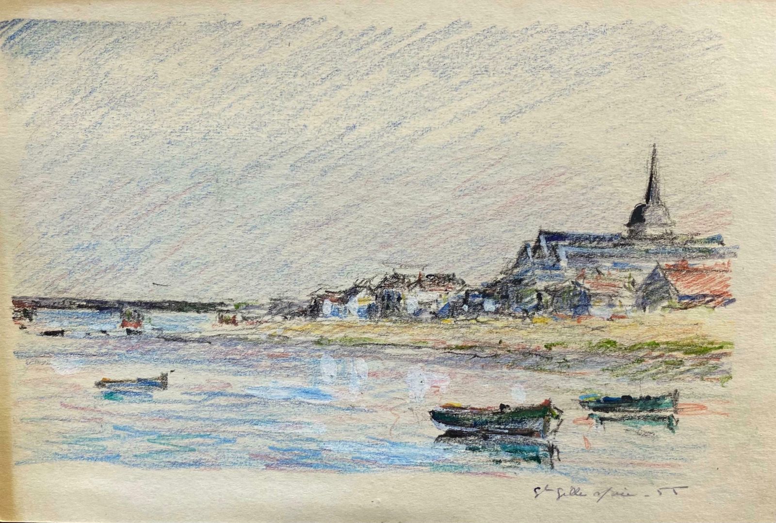 Camille Meriotvintage French Signed Impressionist Crayon Drawing Brittany Coastline Boatsc. 1940's