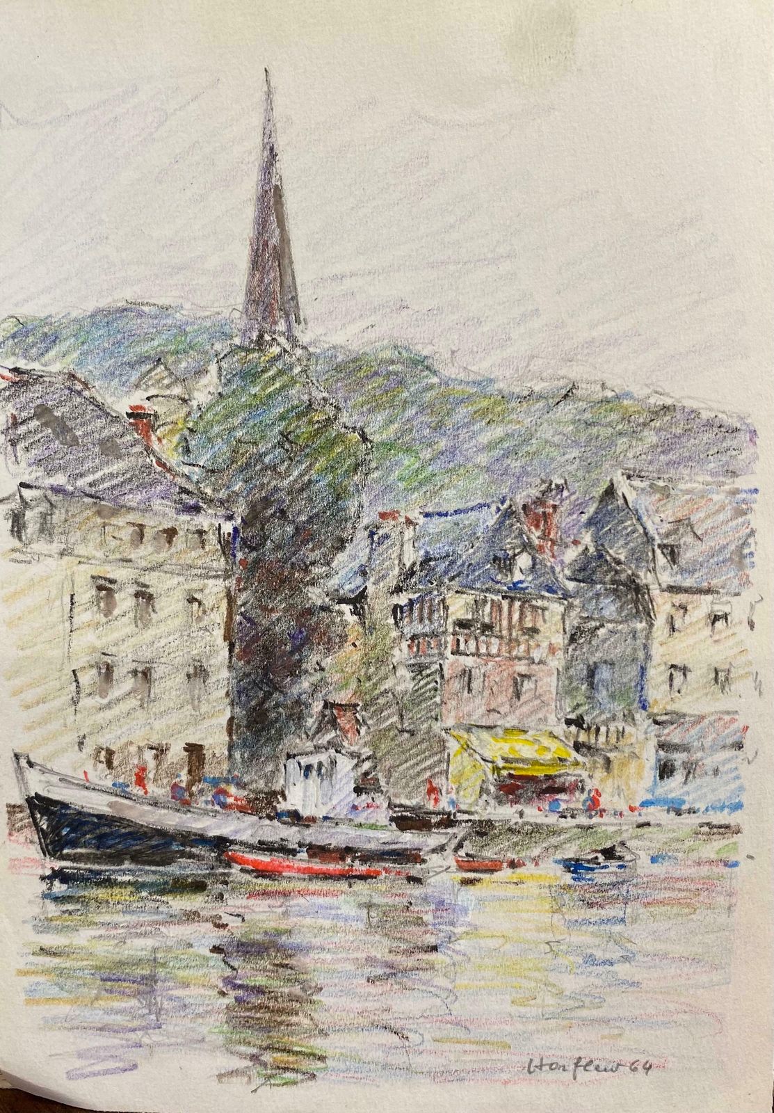 Camille Meriotantique French Signed Impressionist Crayon Drawing Boats In Honfleur Harbourc. 1940's