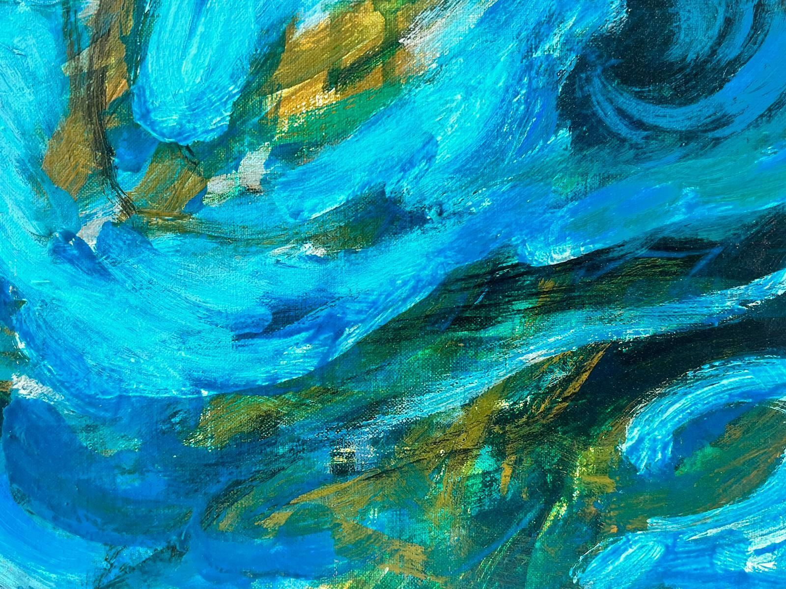 20th Century French School1960's French Abstract Expressionist Pair Oils On Canvas Turquoise Blue Colors1968 photo for sale