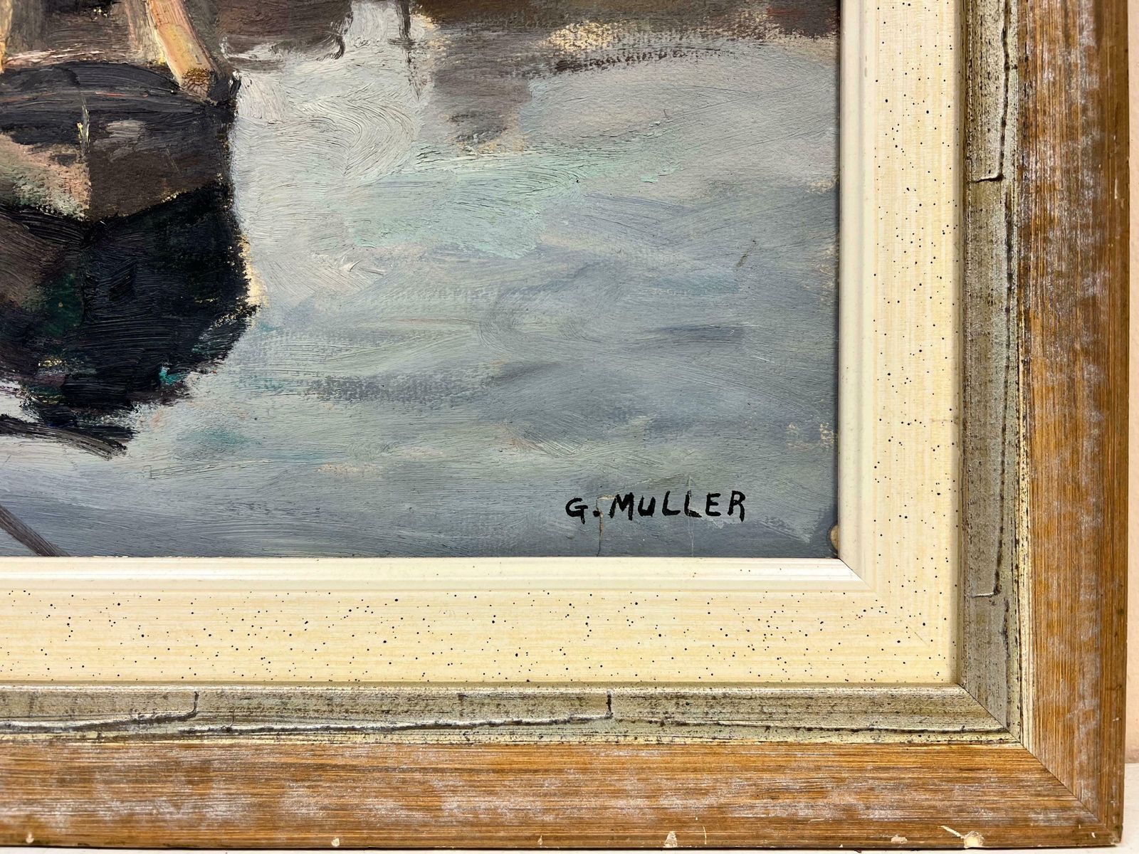 German Schoolmid 20th Century German Signed Oil Moody & Atmospheric Boats On River, Signed photo Art