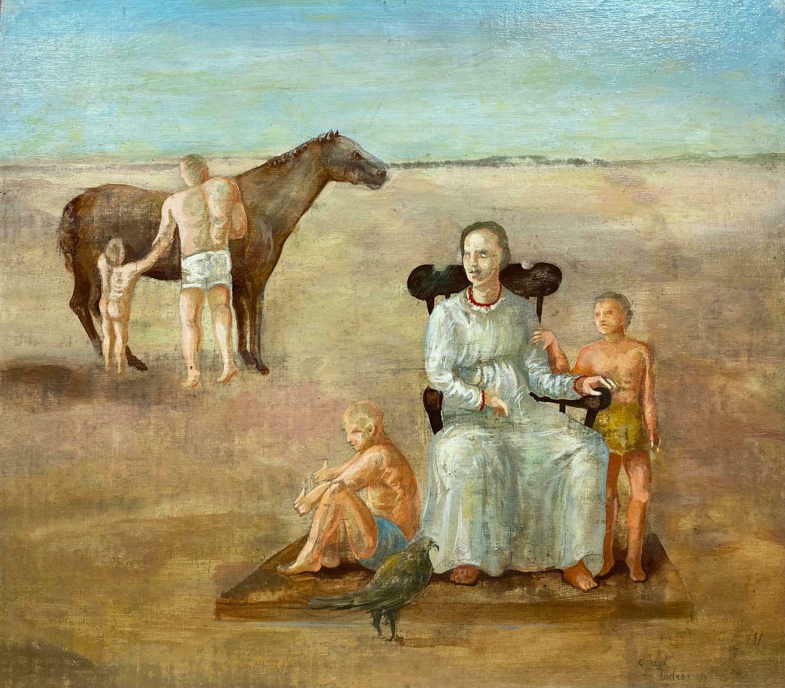 Andresfrench Surrealist Oil Painting Figurative Scene Family With Horse Landscapec. 1970s